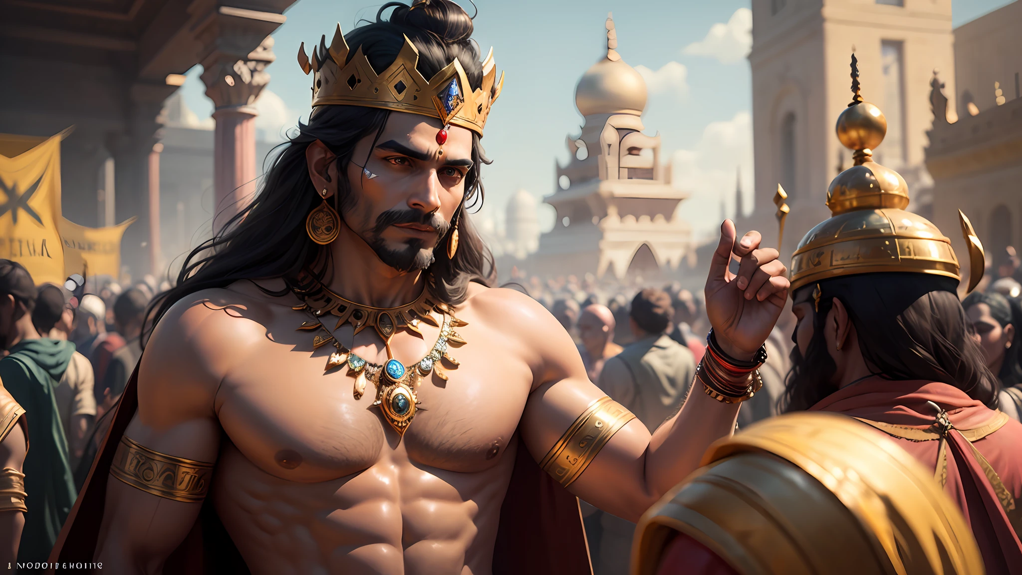 Shiva the indian god , 8k ultra realistic ,a kingdom , king show his crown in taking in hand with front of many crowd peoples