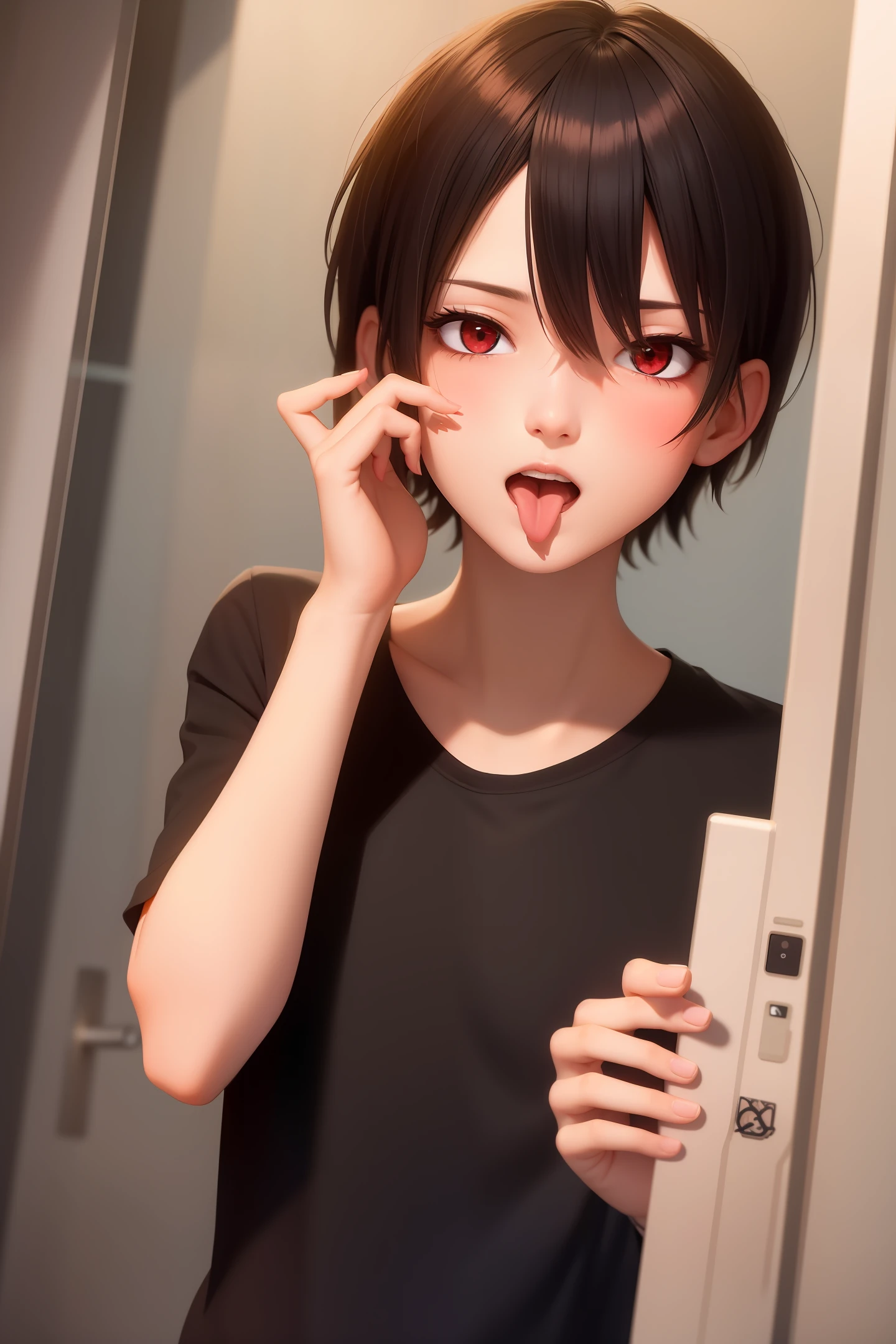 Short black hair, red eyes,Blushing and sticking out his tongue