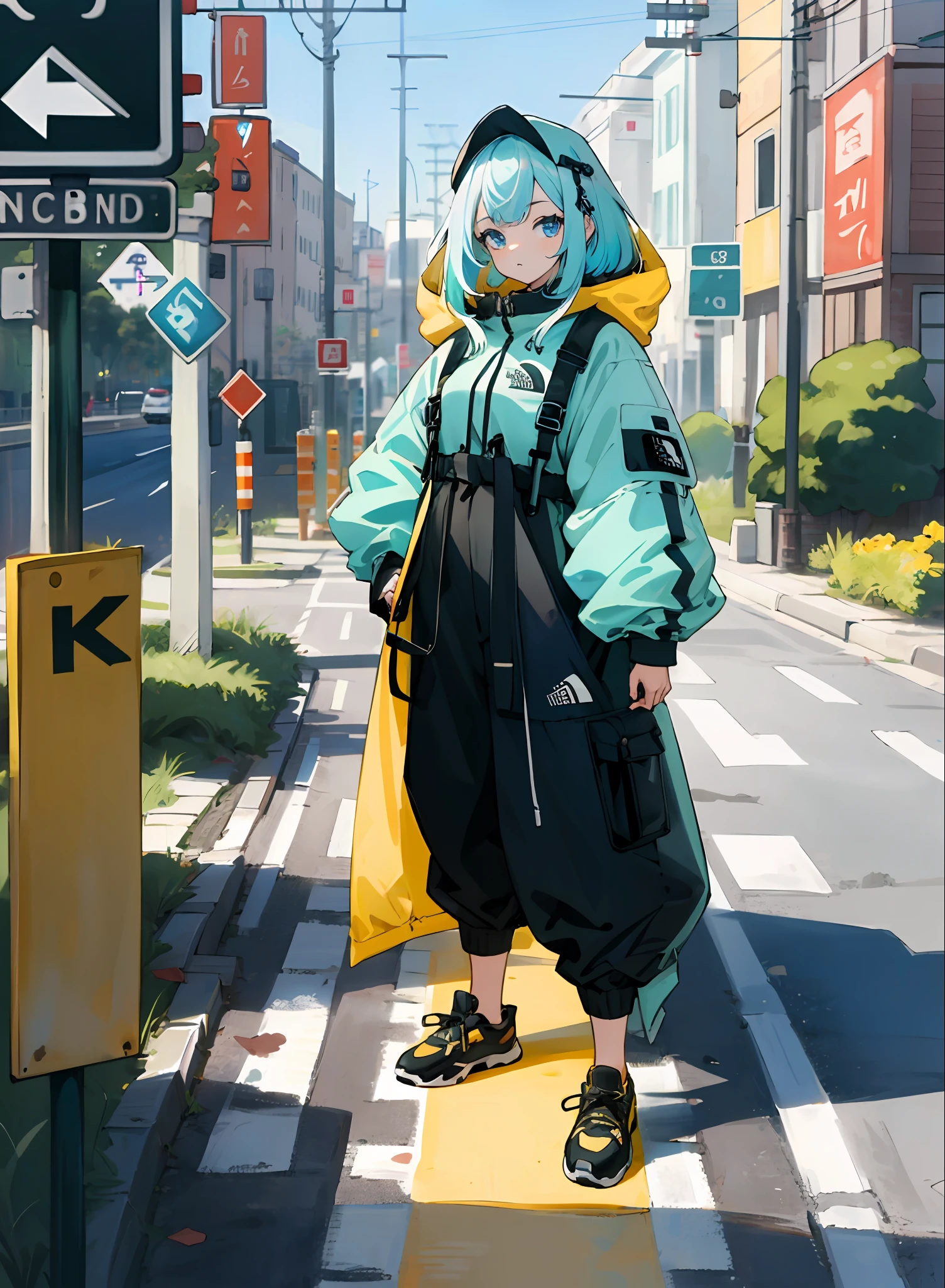 Best quality, 4k wallpaper, Masterpiece, Extremely detailed Cg Unity 8K wallpaper, Extremely detailed eyes, Ultra-detailed, Intricate details, 1girll, Solo, Gura, multicolored hair, Blue eyes, tidal current, TNF outfit, hair adornments, shoes, view the viewer, public, road signs, street park, street,