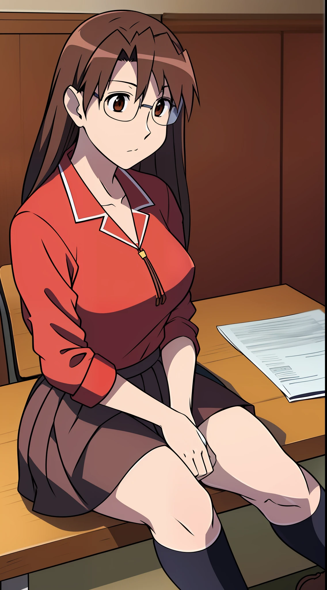 Koyomi mizuhara, brown hair, long hair, glasses, seifuku outfit, red shirt, brown skirt, black socks, breasts, brown shoes, tucked shirt, class background, sitting on her desk, wallpaper,