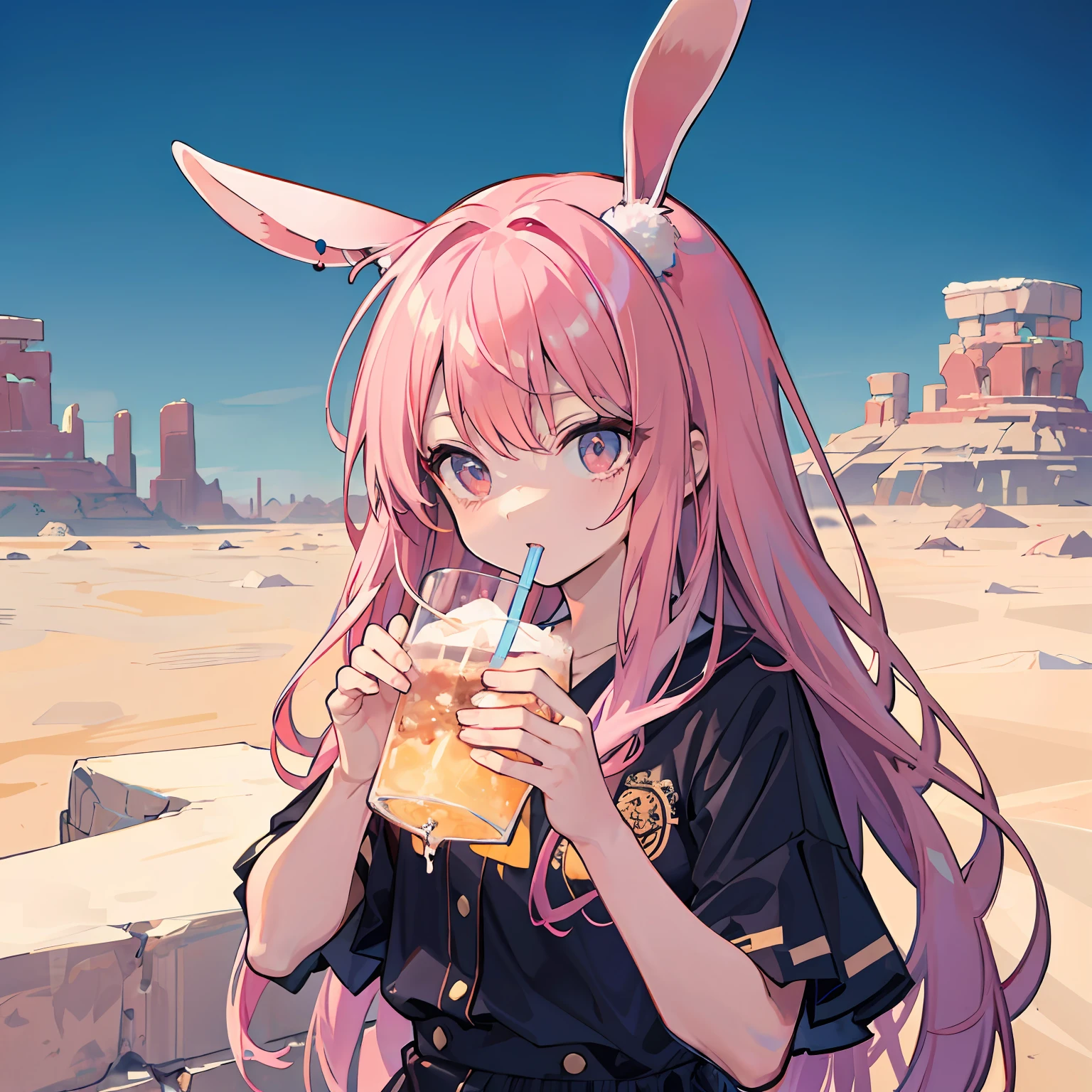Rabbit-eared girl perspiring astonished face cool drink Drinking A desert desert background Horizon