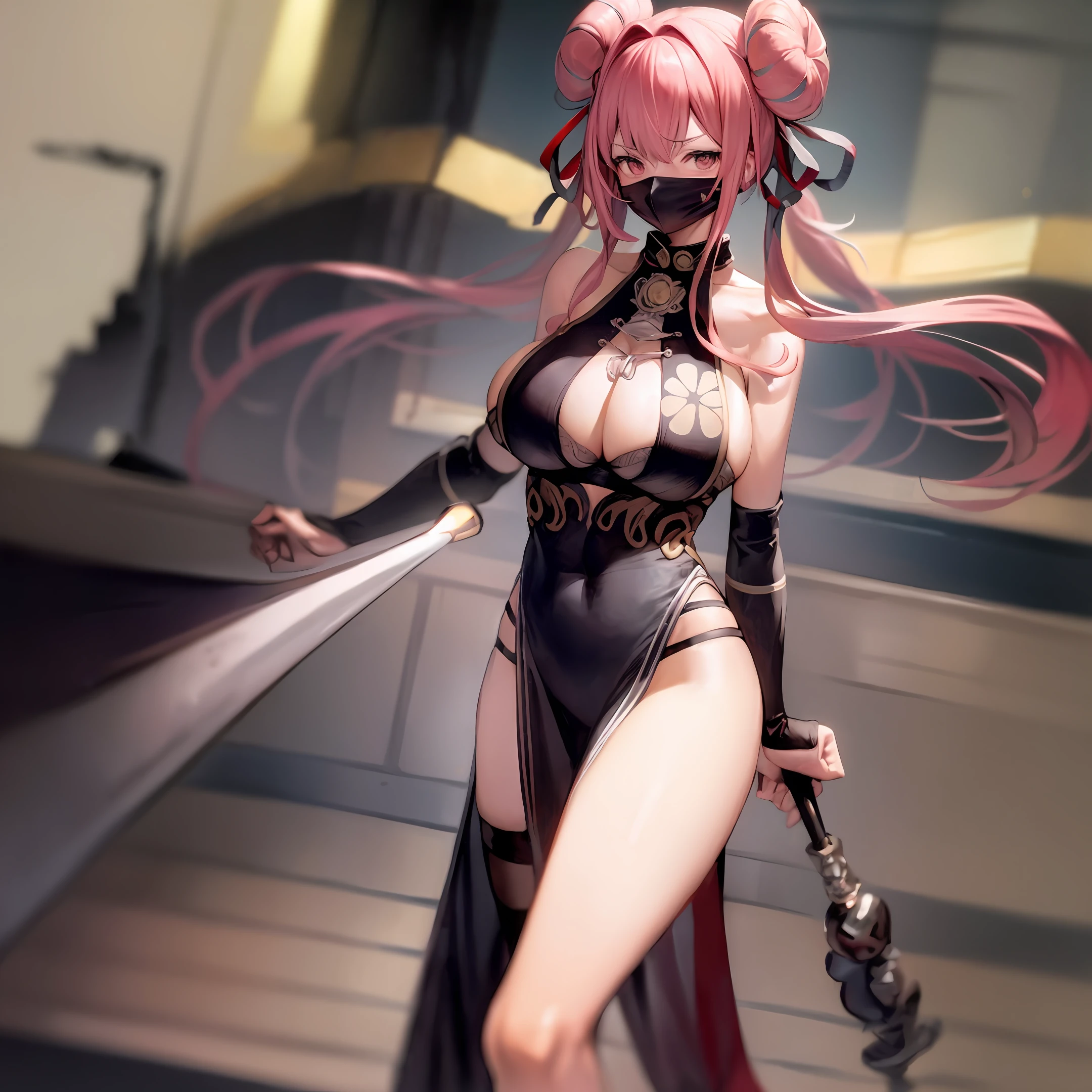 Lori huge breasts cleavage，Pink hair，dual horsetail，Lolita prostitute，blacksilk，sniper gun，masks