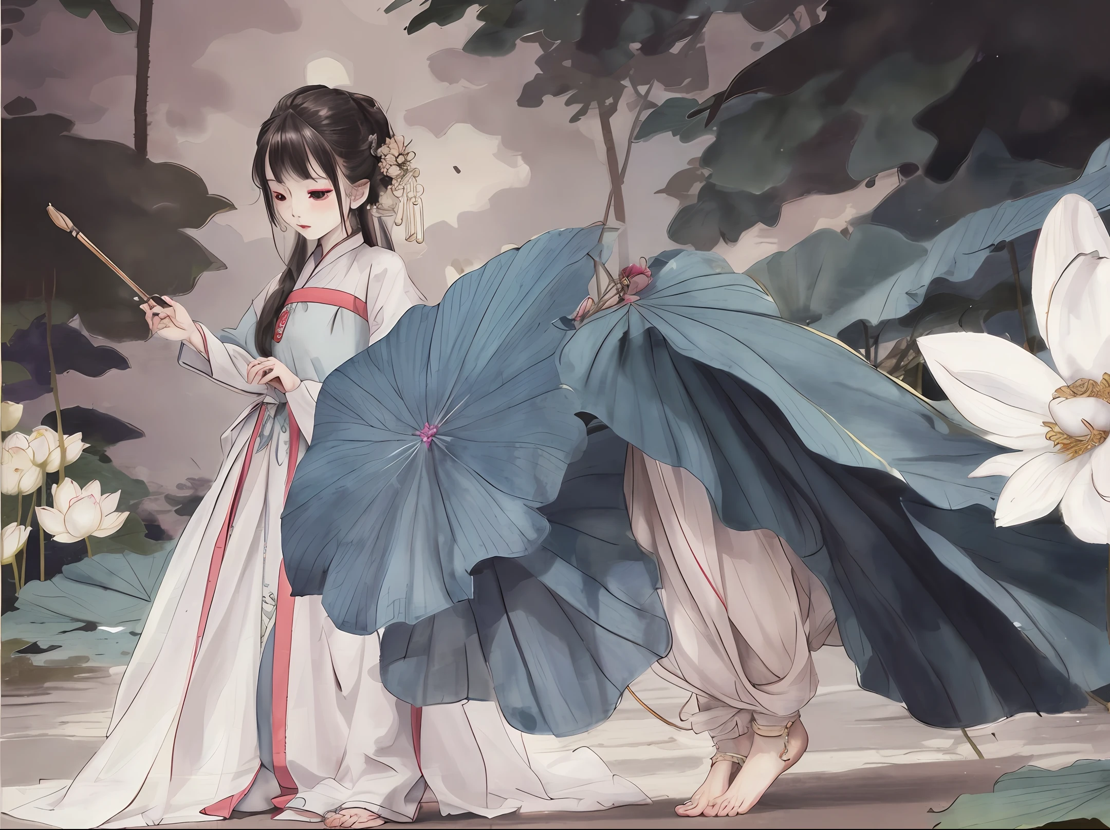 ((4k,masterpiece,best quality)), shuimobysim, Traditional chinese painting, lotus flower, Hanfu, maxiskit, Dress conservatively 1girl, solo, cabelos preto e longos, ssmile, standing on your feet, male people,Li bai,