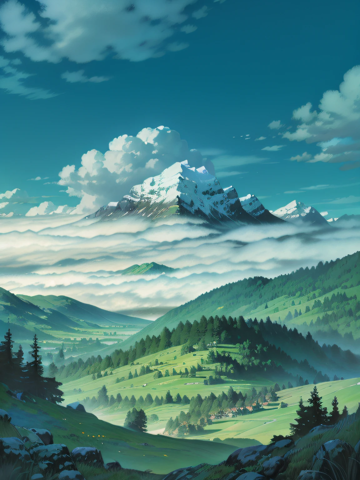 Distant mountains, meadows, lakes, forests, blue skies, white clouds, sense of distance