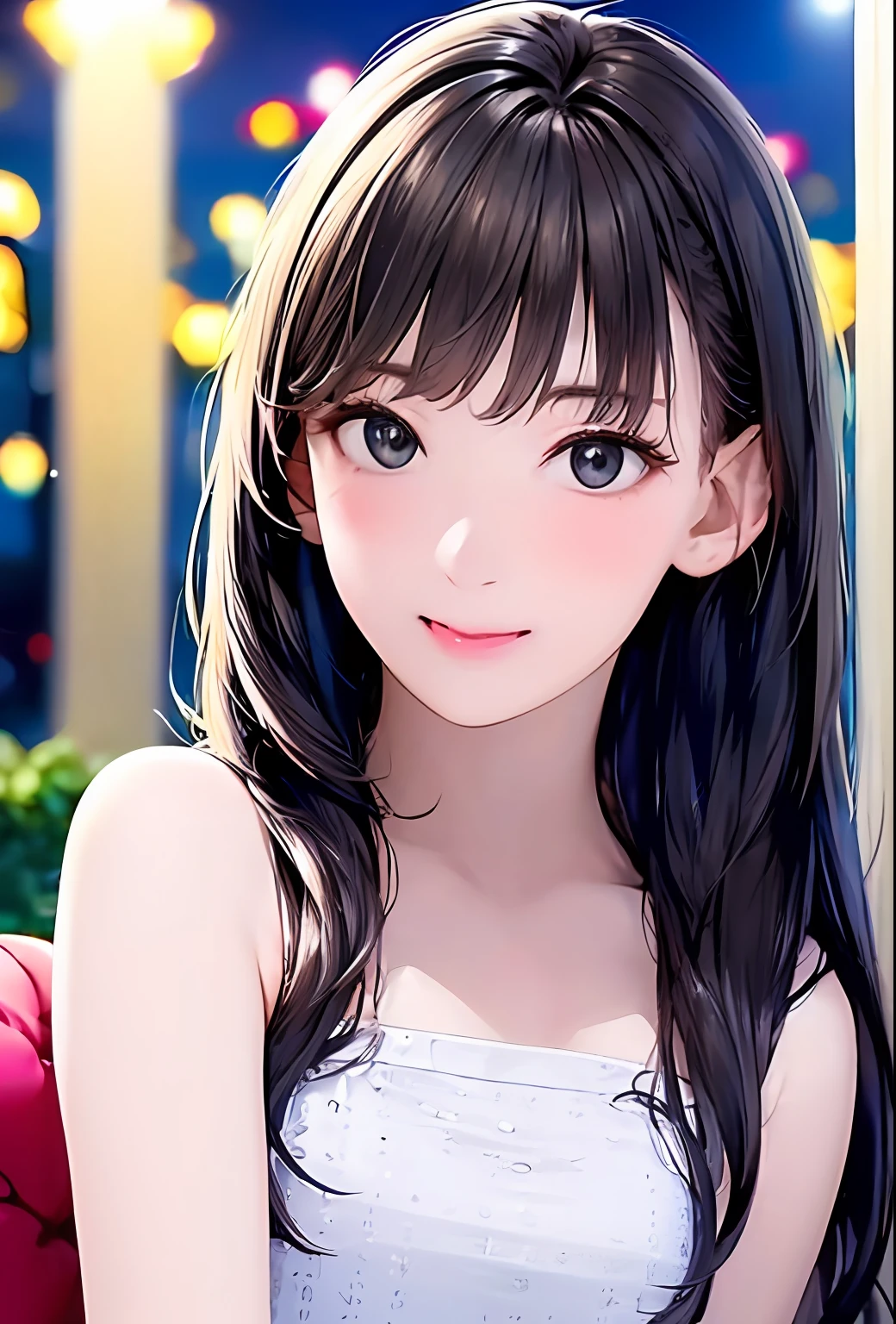 (in 8K、top-quality、​masterpiece:1.2)、(realisitic、Photorealsitic:1.37)、高精細CG統合8K壁紙、(HQ Skin:1.8、shiny skins)、8KUHD、Digital SLR、Soft lighting、hightquality、Film grain、富士XT3(Professional Writing:1.6)、ultra-detailliert、女の子 1 人、cute little、独奏、mid night、Beautiful detailed sky、Detailed Cafe、sitting on、date、(Nasal blush)、 (smile1.15)、(Keep your mouth shut)small tits、beautiful tbig eyes、Floating Hair NovaFrogStyle、