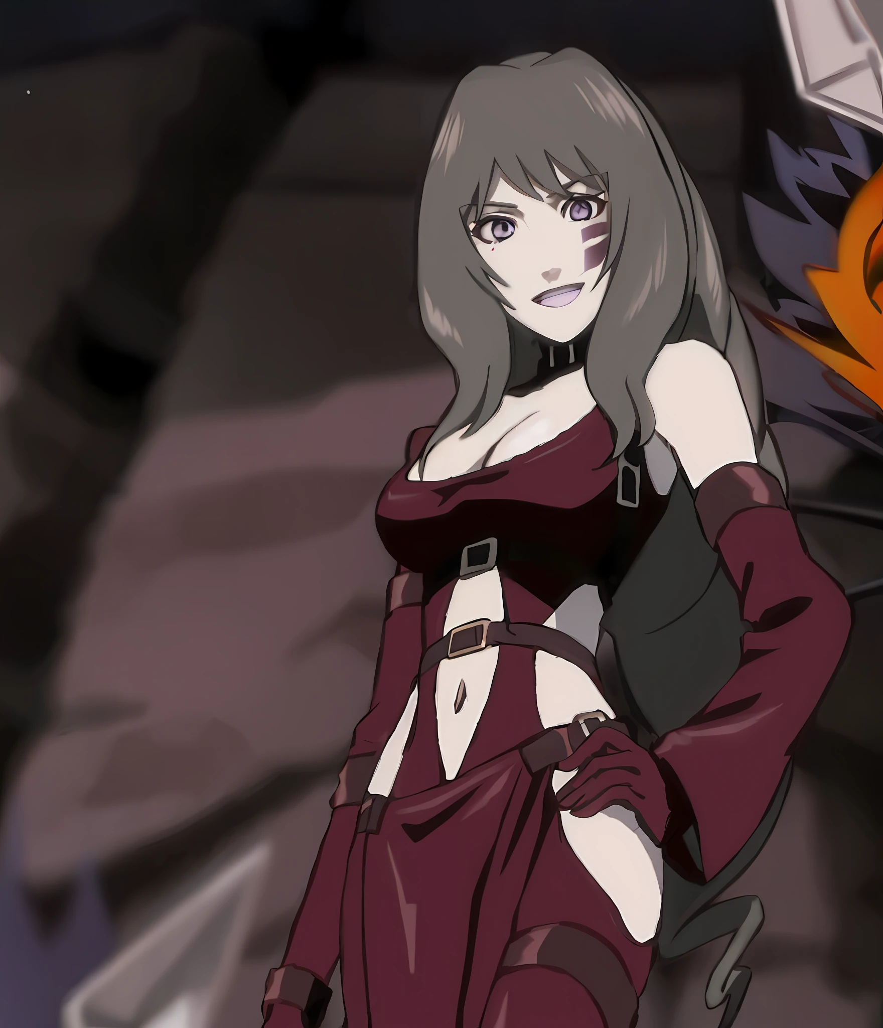 Two,Animate《 naruto shippuuden:Successor of the Will of Fire 》role,Immortal maid who endures humility。
She has two purple rectangular marks on her left cheek,The reddish-purple tights revealed most of her chest and body,Long brown hair curls into a very complex spiral。One also has markings on the back,The same as the imprint on the left palm of Bailiu Lake。