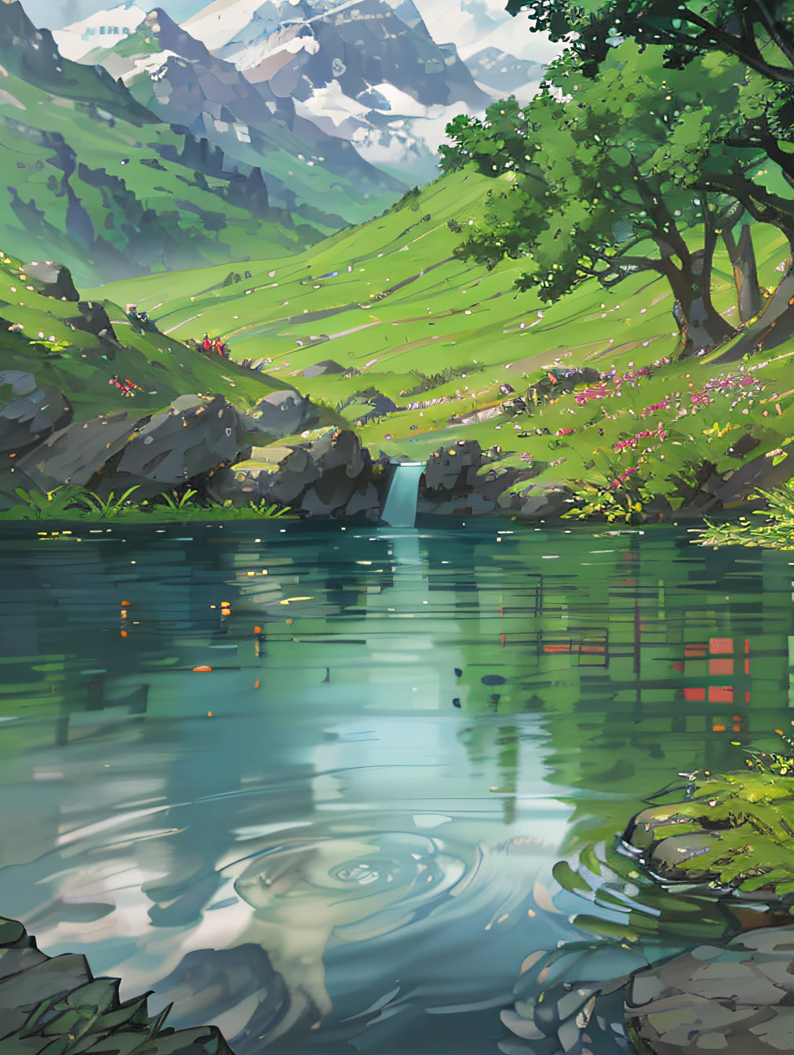 Distant mountains, meadows, lakes, forests, blue skies, white clouds, sense of distance