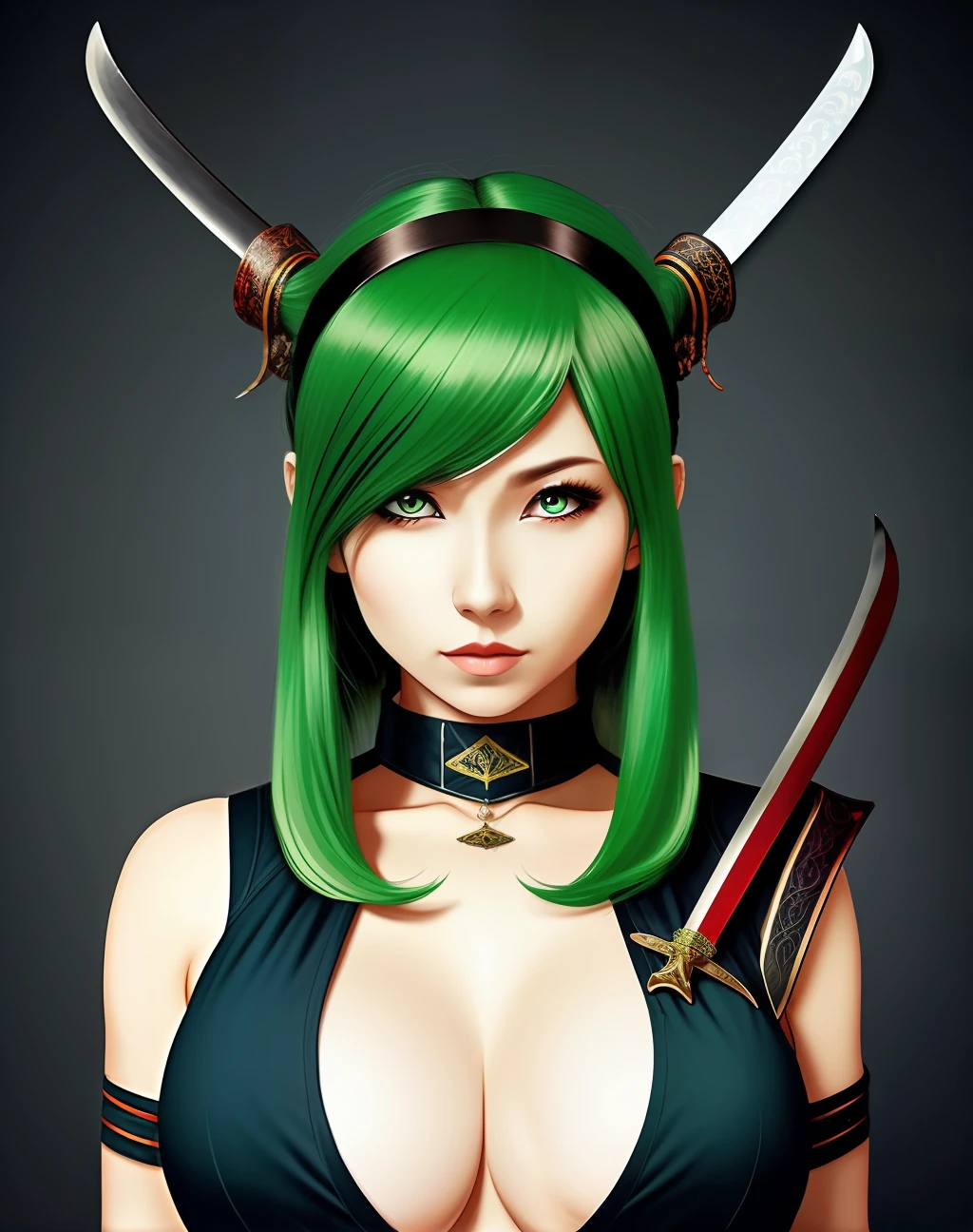 Green hair，long whitr hair，komono，Lori huge breasts cleavage，katana swords，