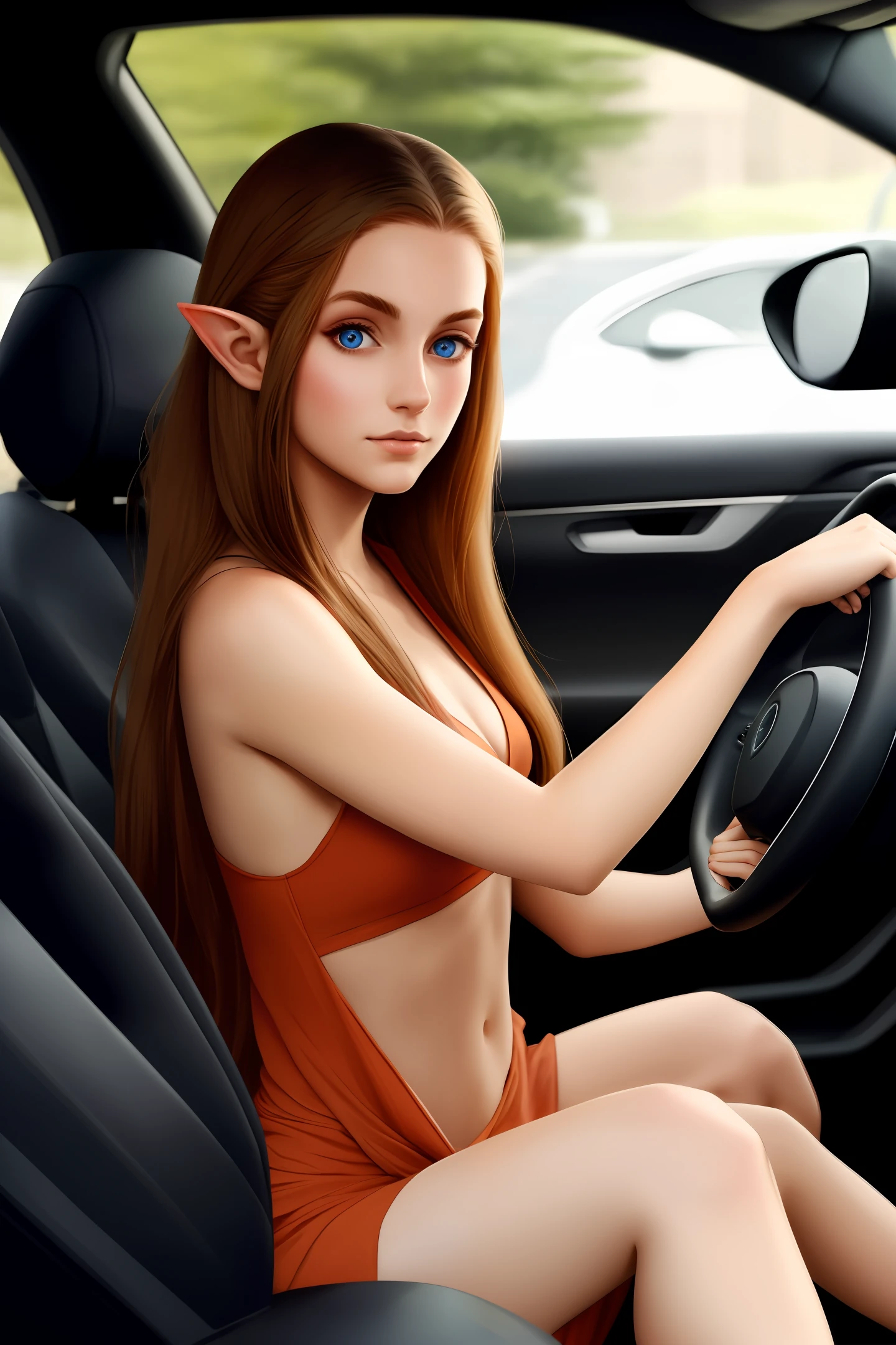 A beautiful girl of the elven race，Driving in the city without clothes