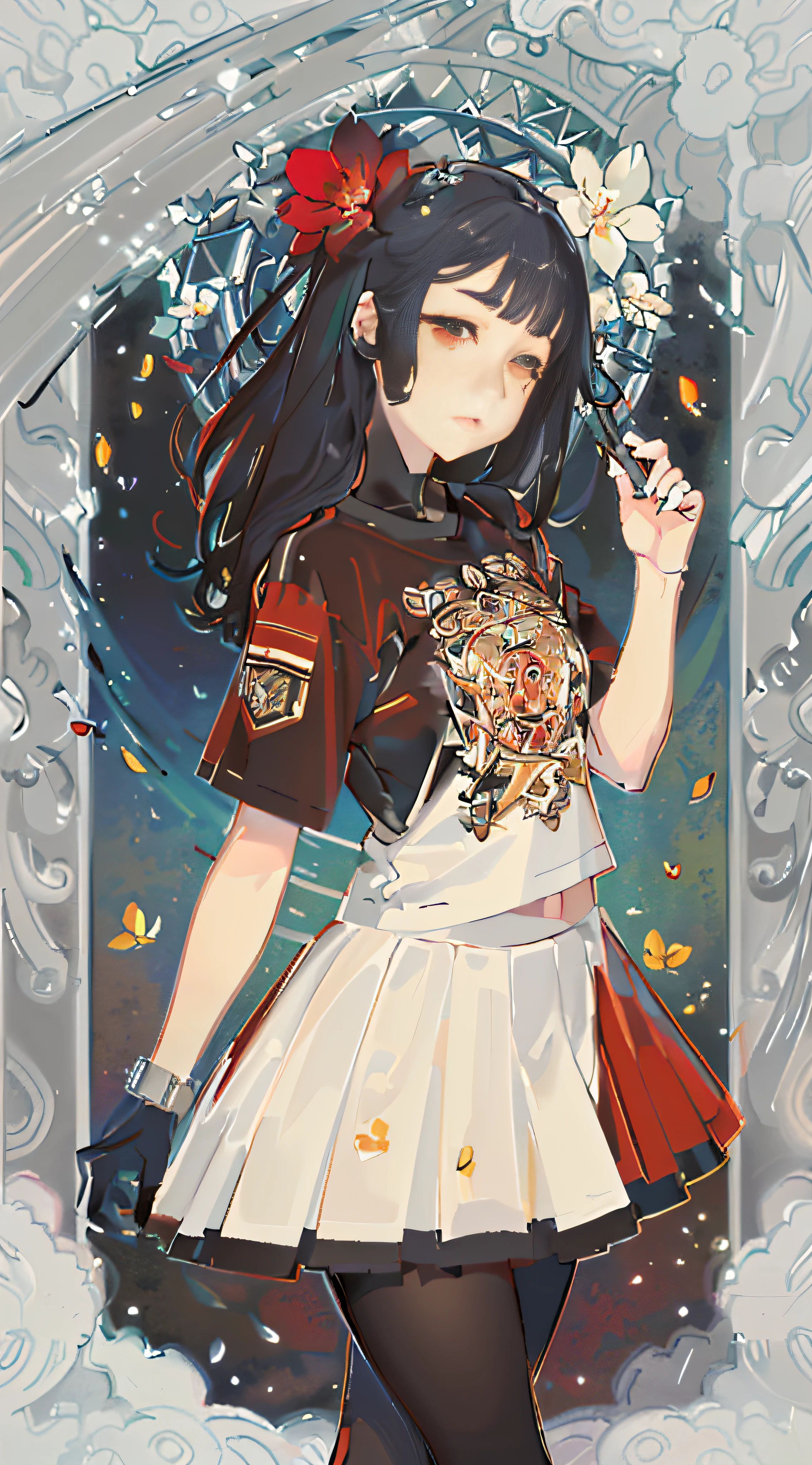 Anime girl in red miniskirt and crop top,The beach is transparent at sunset,A mysterious and idyllic painting style,Feel the gentle and colorful atmosphere,And full of illustration,Shades are highlighted and saturated,Fit the anime style,Guviz-style artwork,Detailed contouring of the girl's face,Moderate light and shadow treatment brings mystery to the girl。