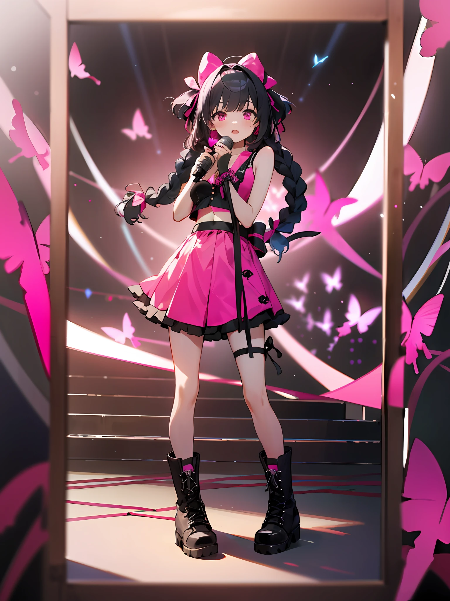 ((Masterpiece,Best quality))Pink bow on the head,Crop topping , Black ribbon, Hair ribbon,  Face front，one-girl，black sash，pink and black hair，ribbon，Black boots，Fold socks double pockets，standing on your feet，Sing，Sing，Sing，Stage，Pink and black tops，Pink eyes，Pink microphone，Pink butterfly，Open navel，Bracelet，leg loops，Harnes，Bare arms，Twist braids