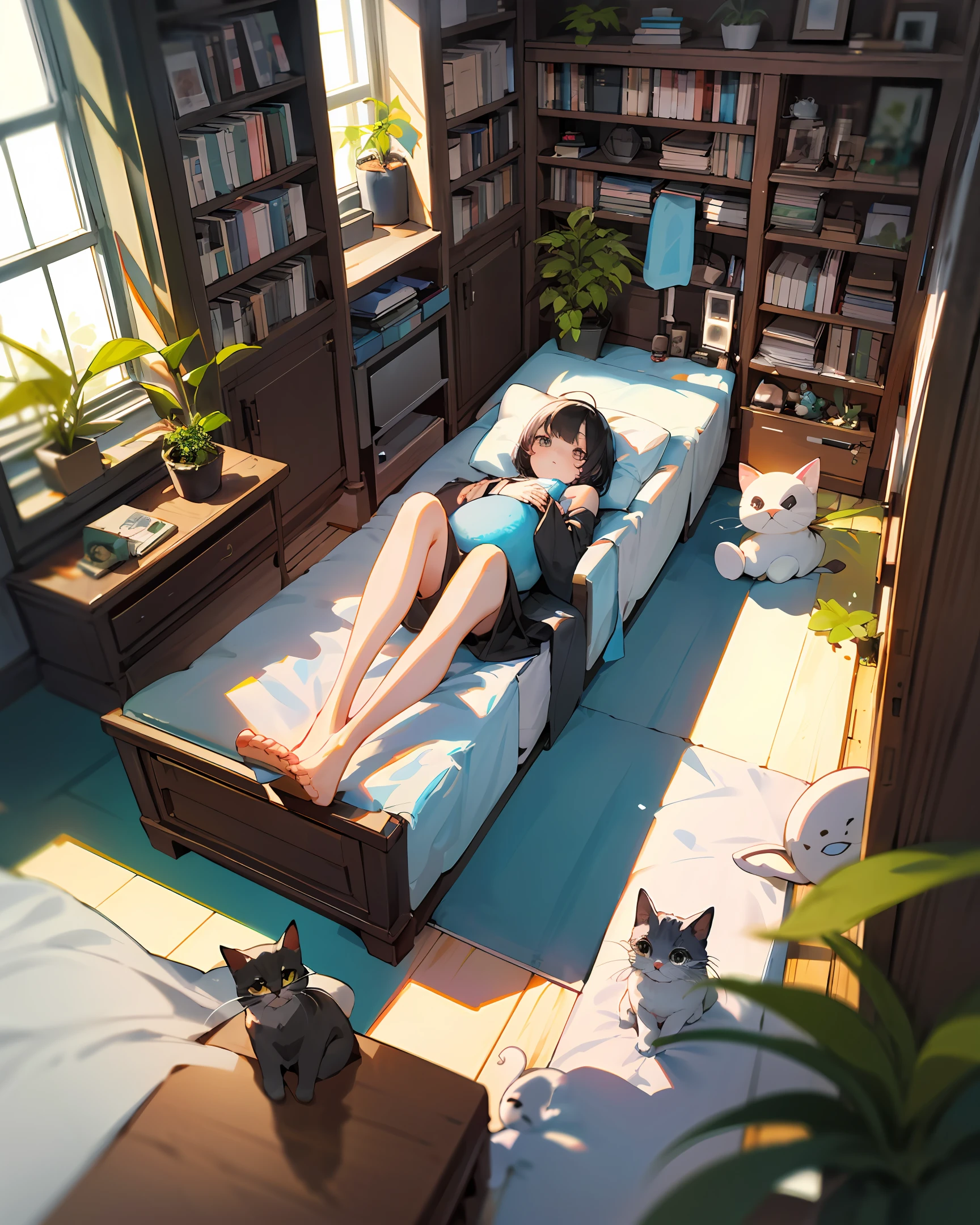 one-girl, from the above, a plant, Black hair, catss, Lie down, inside in room, halter, longer sleeves, short detailed hair, plushies, Plants in pots, nerds, food, window, telephone, tvp, short detailed hair, On the back, plushies, By bangs, slippers, The barefoot, Sat down, bookshelves, shelf, electric cables, Computer