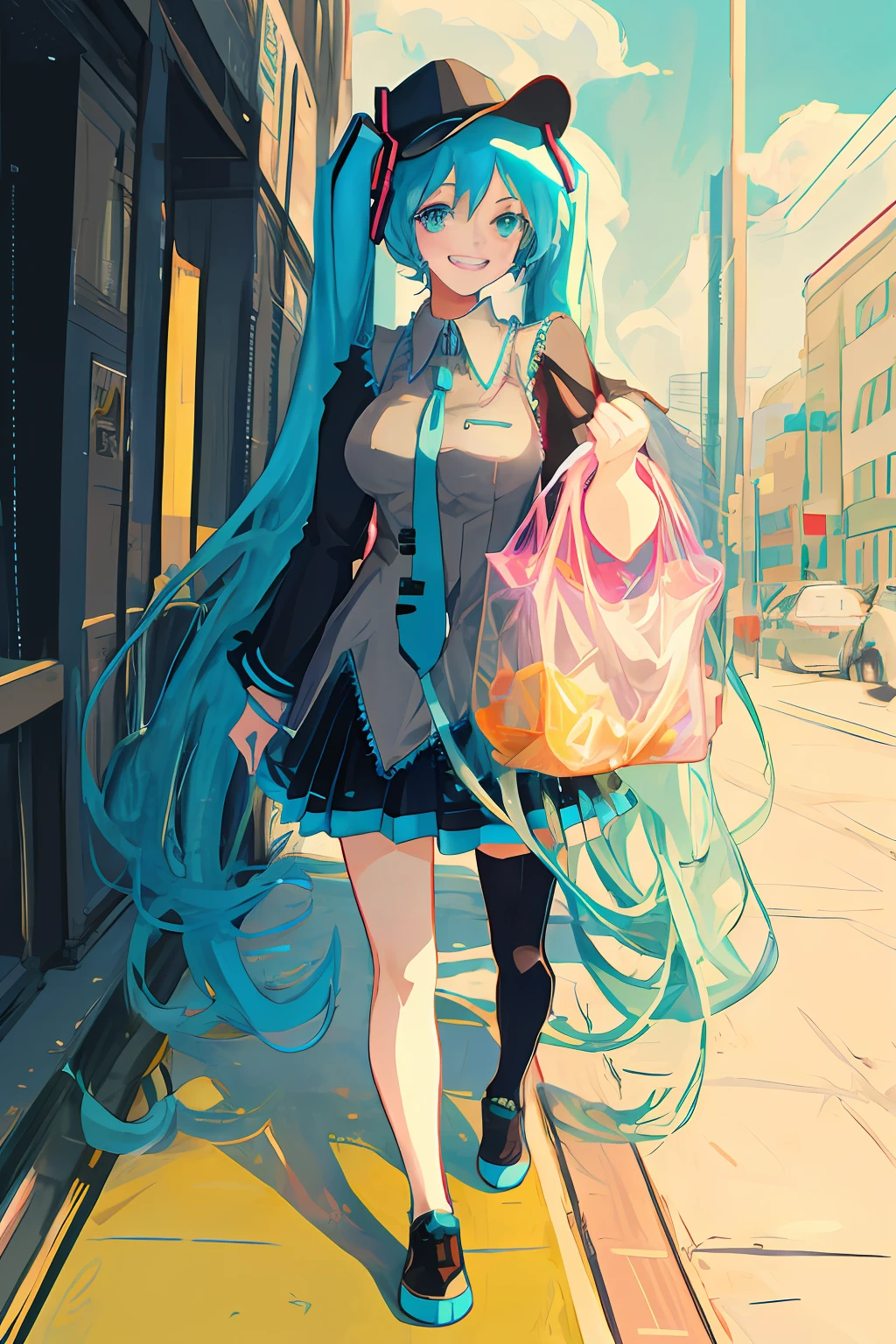Big breasts Hatsune Miku，Beautiful，slenderness，brightly，grin，taking a walk