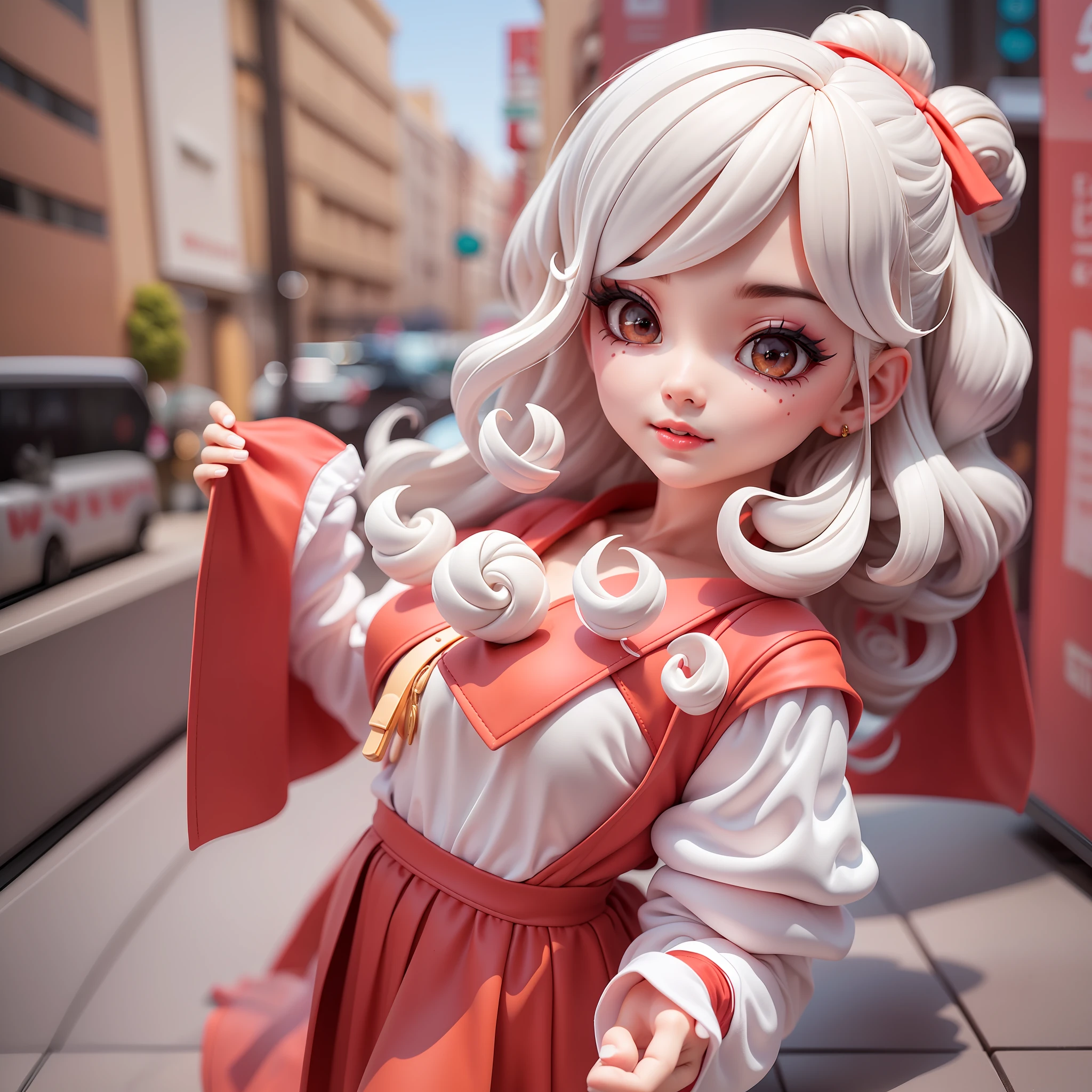 (Super cute and cute+Close-up of popular brand blind box)，(1.2x 3D full body rendering)，White Skin Skin，Red lips that are slightly upturned，(1.1x cute chin)，(1.1x thicker curly lashes)，Red cloth shoes，(1.3 times the variety of hairstyles and hair colors)Eye-catching，Front Shooting，Bright and eye-catching。