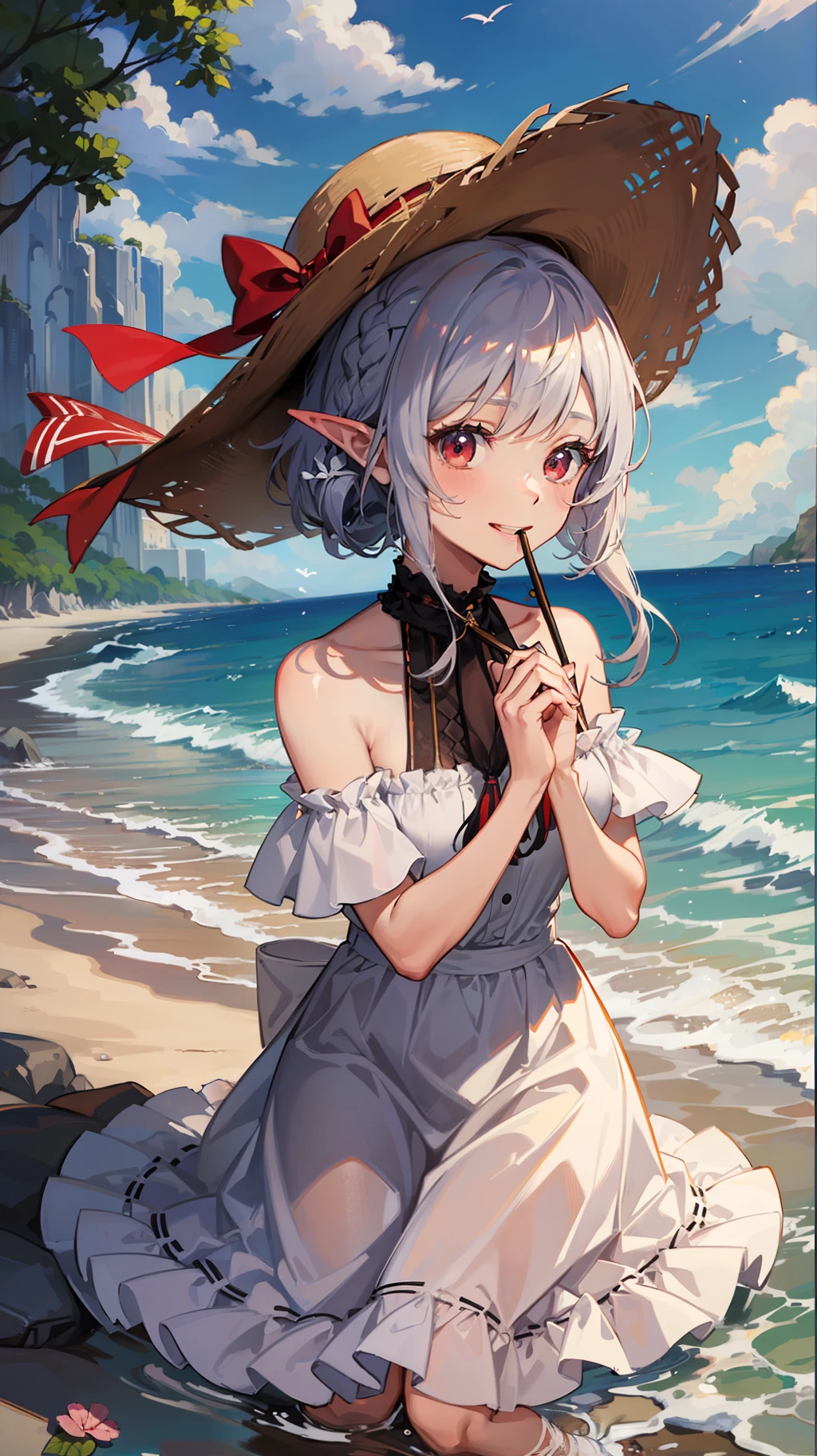 ((Put your hands on your knees)), ((Slouched)), 1 Whole body of a girl, elvish, silber hair, Red Eyes, bob cuts, Braided hair, Fluttering hair, summer dress, White Dress, long skirt, frilld, a straw fedora hat, is standing, Red mouth, Laughing, A smile, sea side, concept-art, beautiful anime scene, Beautiful anime scenery, top-quality, masterpiece