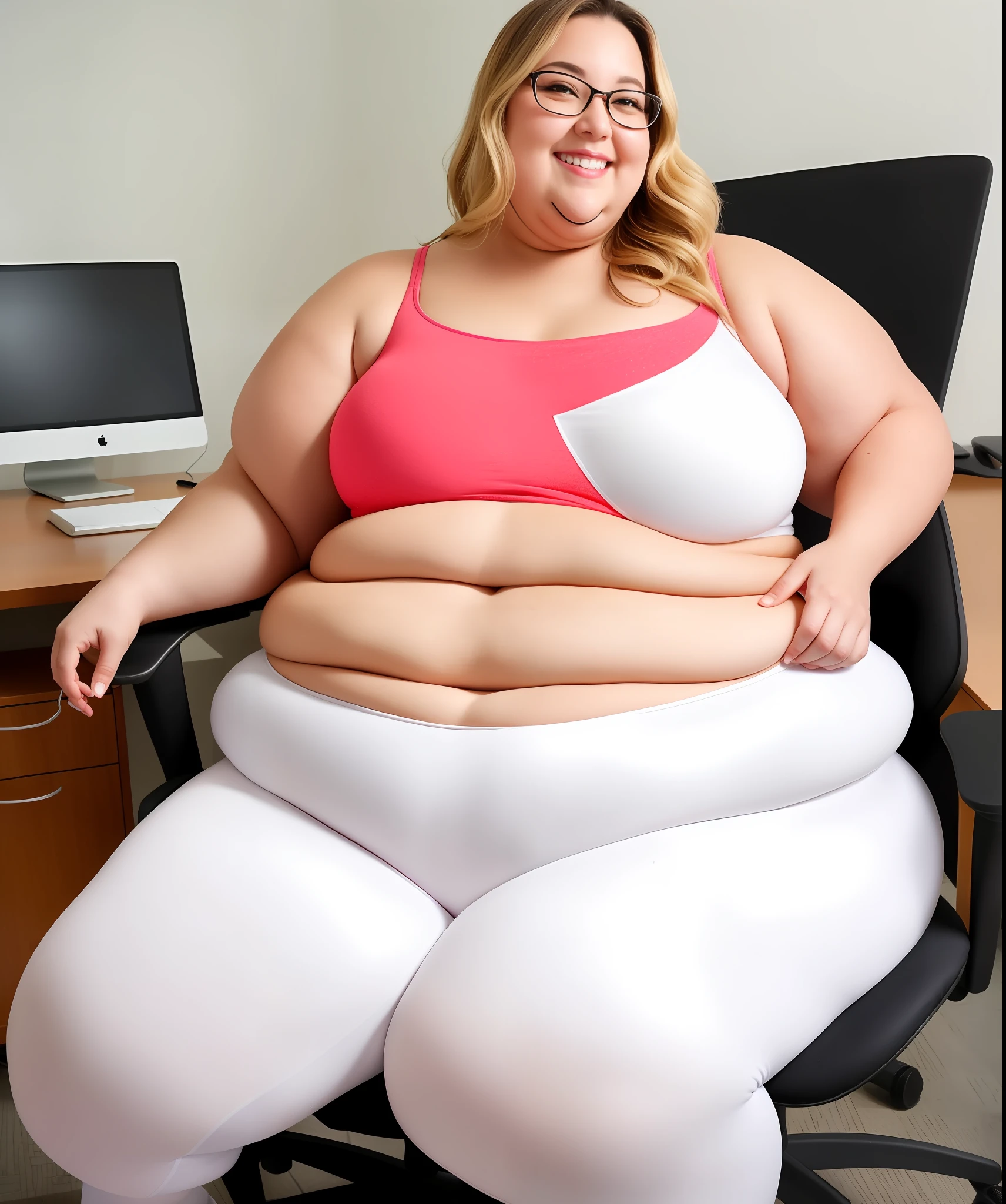 A photo of one: young extremely obese short white western girl with blond hair, with thick rimmed glasses, with a pretty face and extremely fat double chin, wearing a too small white tank top showing the skin of her fat tummy, and bright red leggings, with very wide hips and a very fat lower body, with extremely obese legs, with white skin, with visible realistically drawn stretch marks on her tummy, lifelike fat tummy with fat rolls, no vertical fat tummy rolls, non-swolen tummy, with only one belly button, belly button lower on her tummy, hips bigger than her waist, sitting in an extra wide office chair, indulgently eating donuts at her office desk