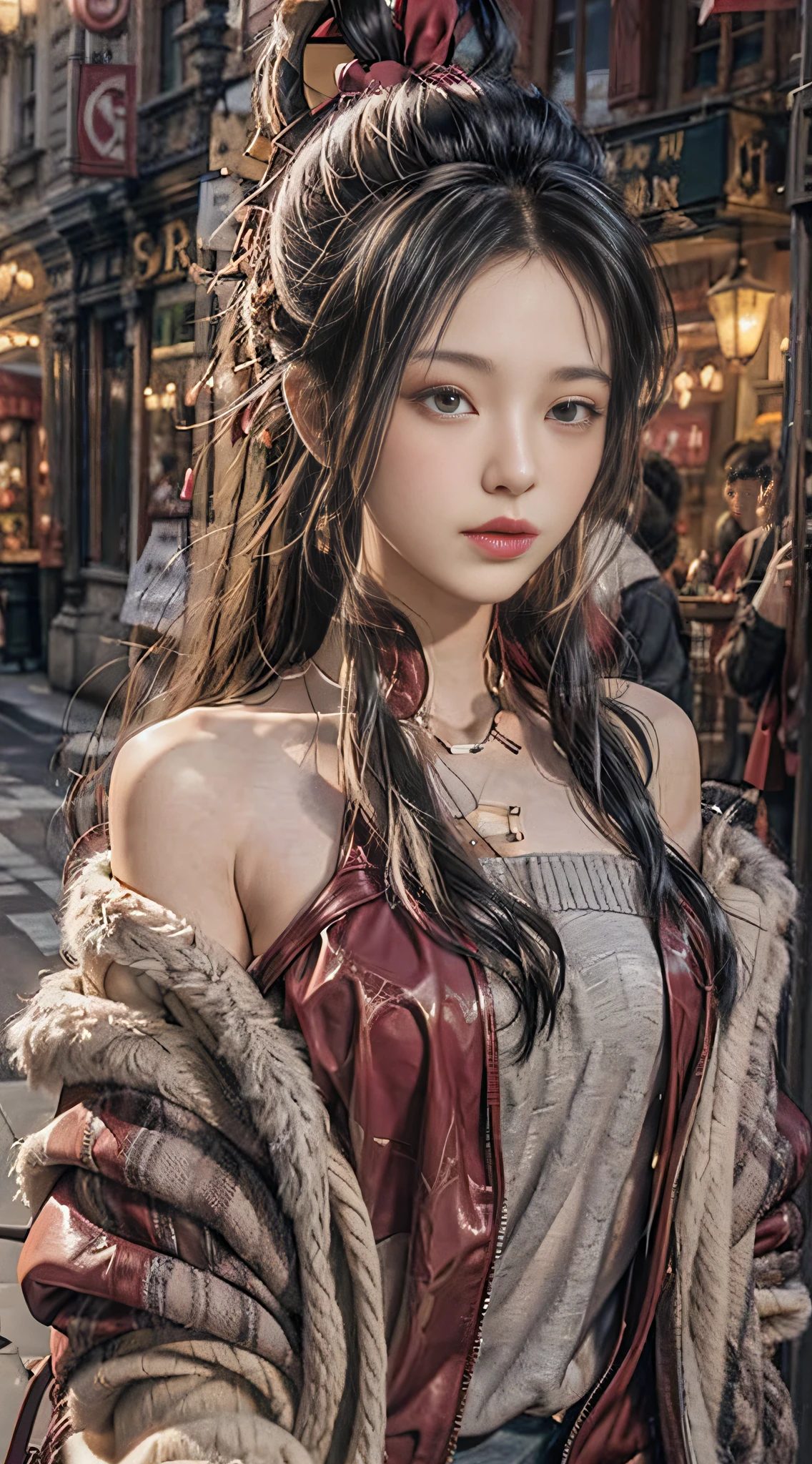 Gray sweater,Burgundy leather coat,Extra-long hair,Exposed shoulder,al fresco