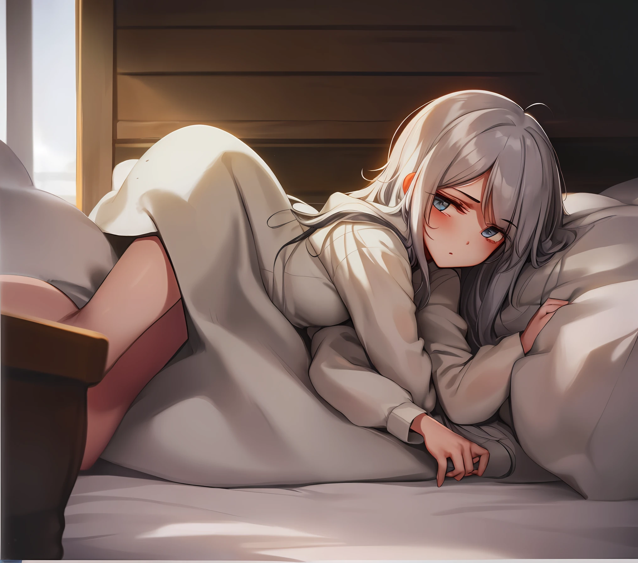 Girl with gray hair, lying flat, blushing, eyes rolled up