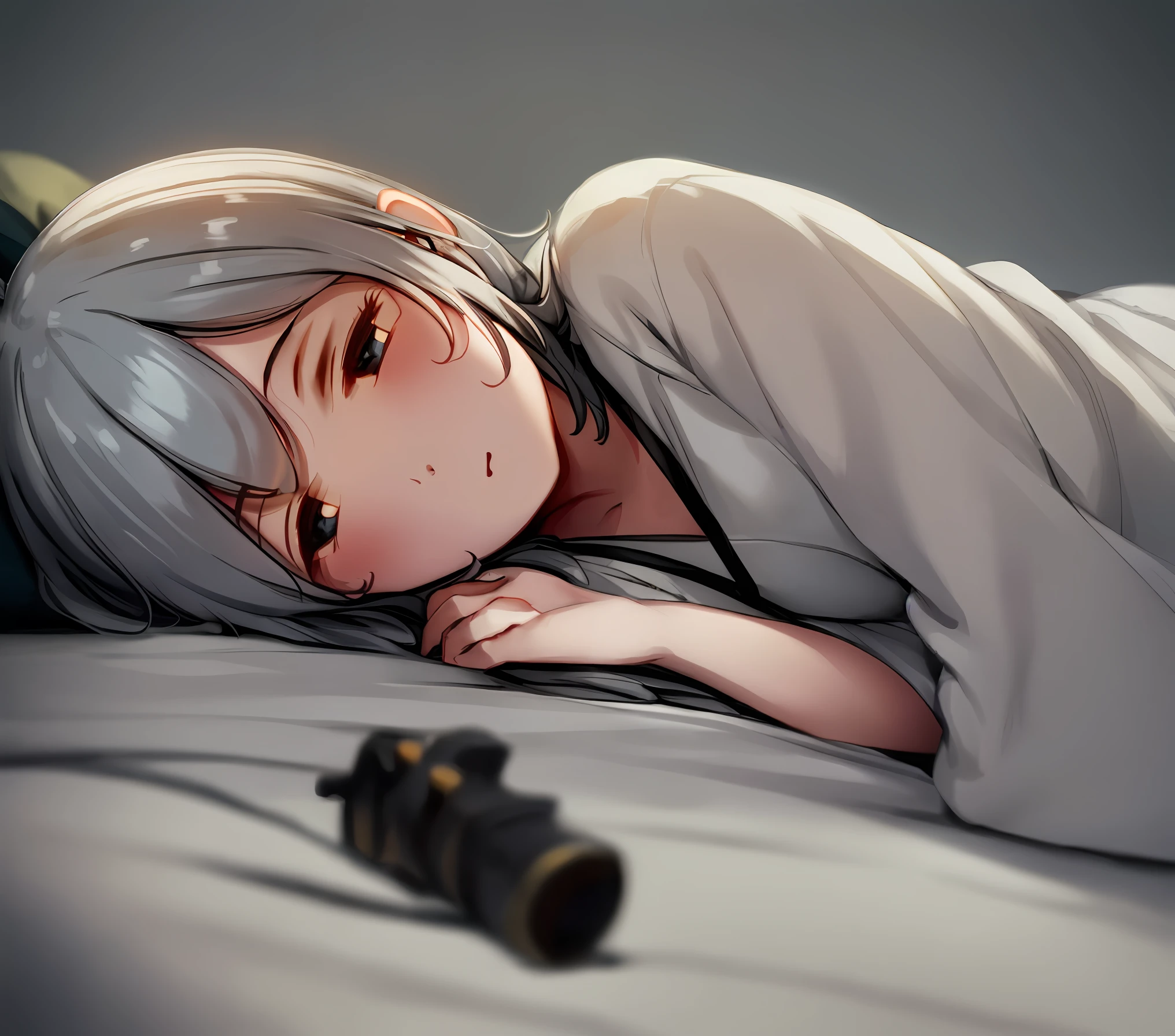 Girl with gray hair, lying flat, blushing, eyes rolled up