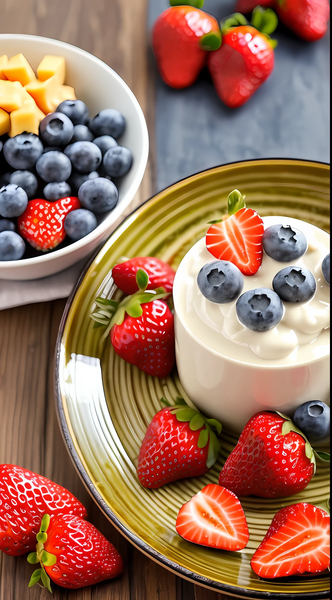 tmasterpiece, Top Quality, Experience, Chic, Boho-chic, a gold, utensil, kettle, a cup, plate, floral print, 2 tablespoons chia seeds 1 cup milk (can be cow's milk, vegetable milk or yogurt) 1 tablespoon honey or other sweetener of your choice 1 teaspoon vanilla extract (optional) Chopped fresh fruits (For example, strawberries, kiwi, mango, blueberries, etc.) for topping --auto --s2