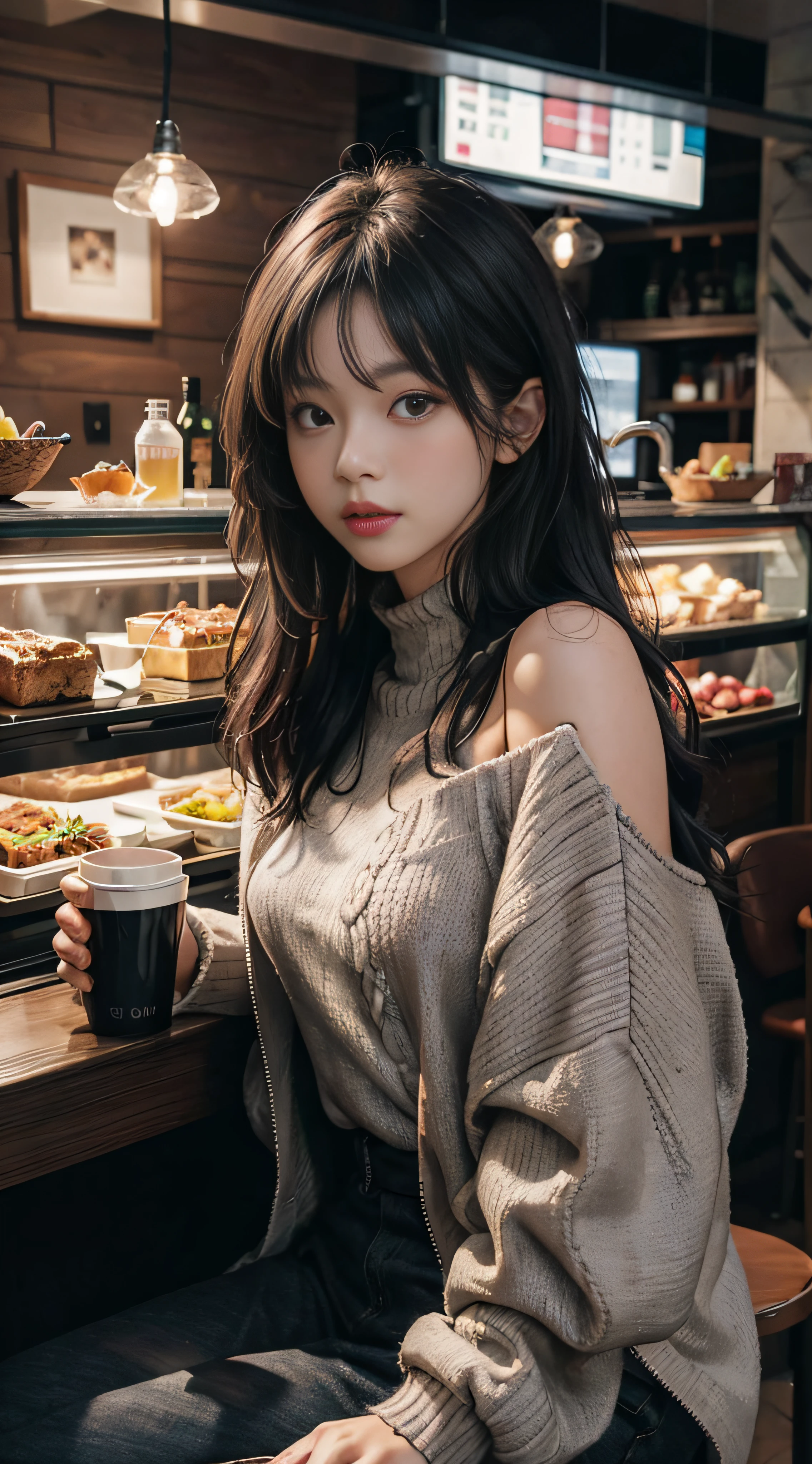 Gray sweater，Burgundy leather coat，Extra-long hair，Exposed shoulder，Breakfast place