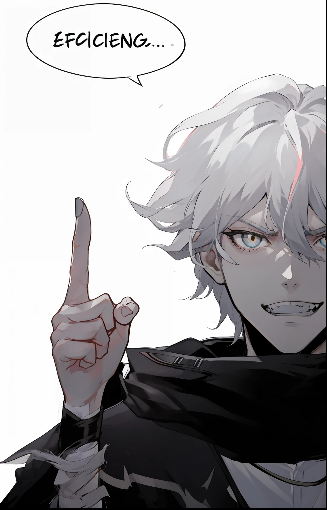 Close-up of a person, pointing a finger at something, with index finger, nagito komaeda, he's very menacing and evil, nagito komaeda from danganronpa, he has dark grey hairs, badass pose, villain pose, white haired, angry and pointing, inspired by Okumura Togyu