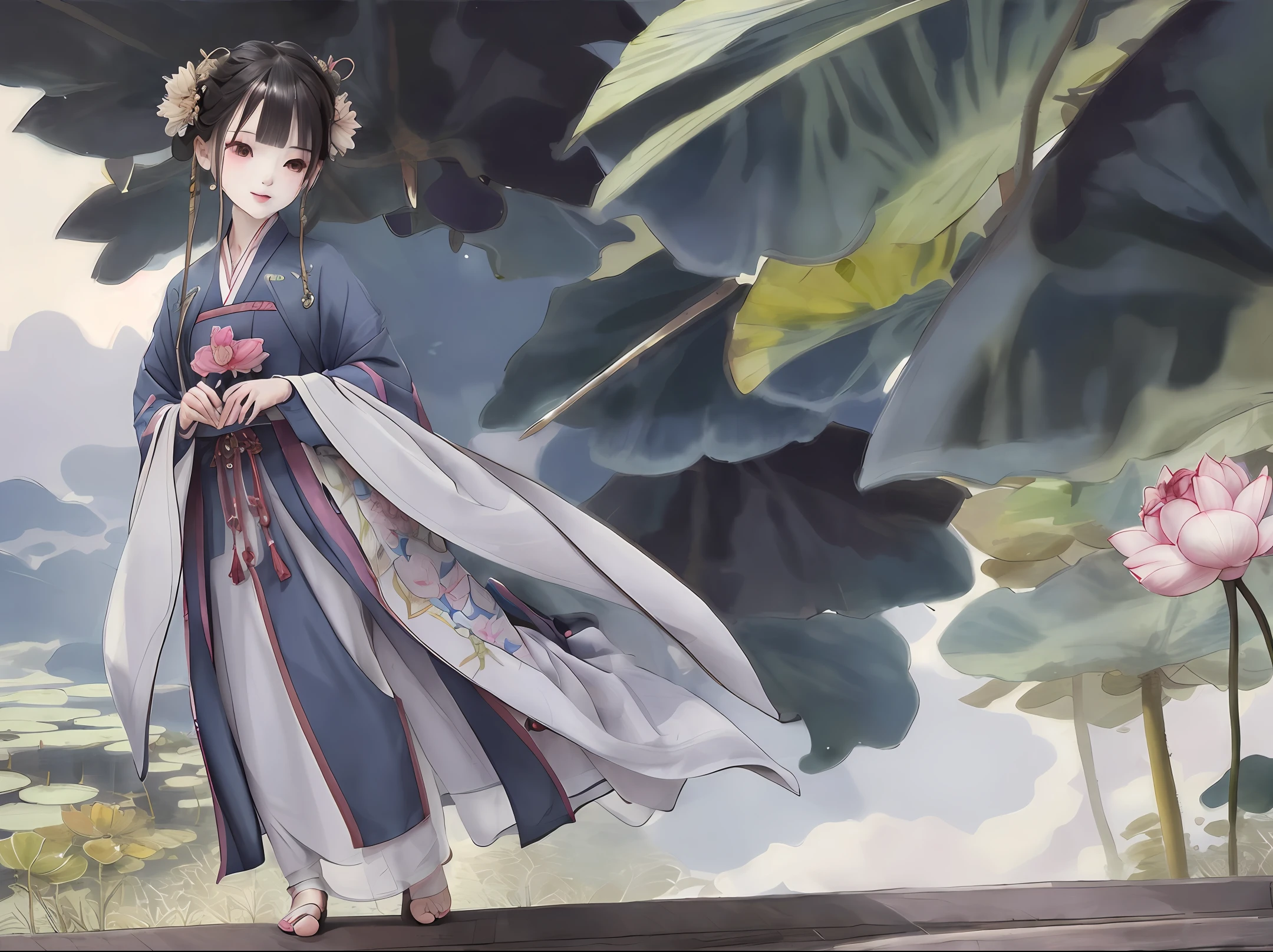 ((4k,masterpiece,best quality)), shuimobysim, Traditional chinese painting, lotus flower, Hanfu, maxiskit, Dress conservatively 1girl, solo, cabelos preto e longos, ssmile, standing on your feet, male people,Li bai,