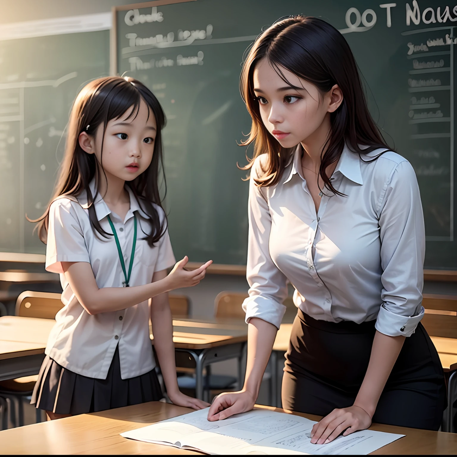 Children asking questions to a young female teacher of the Japanese language Classroom background --auto