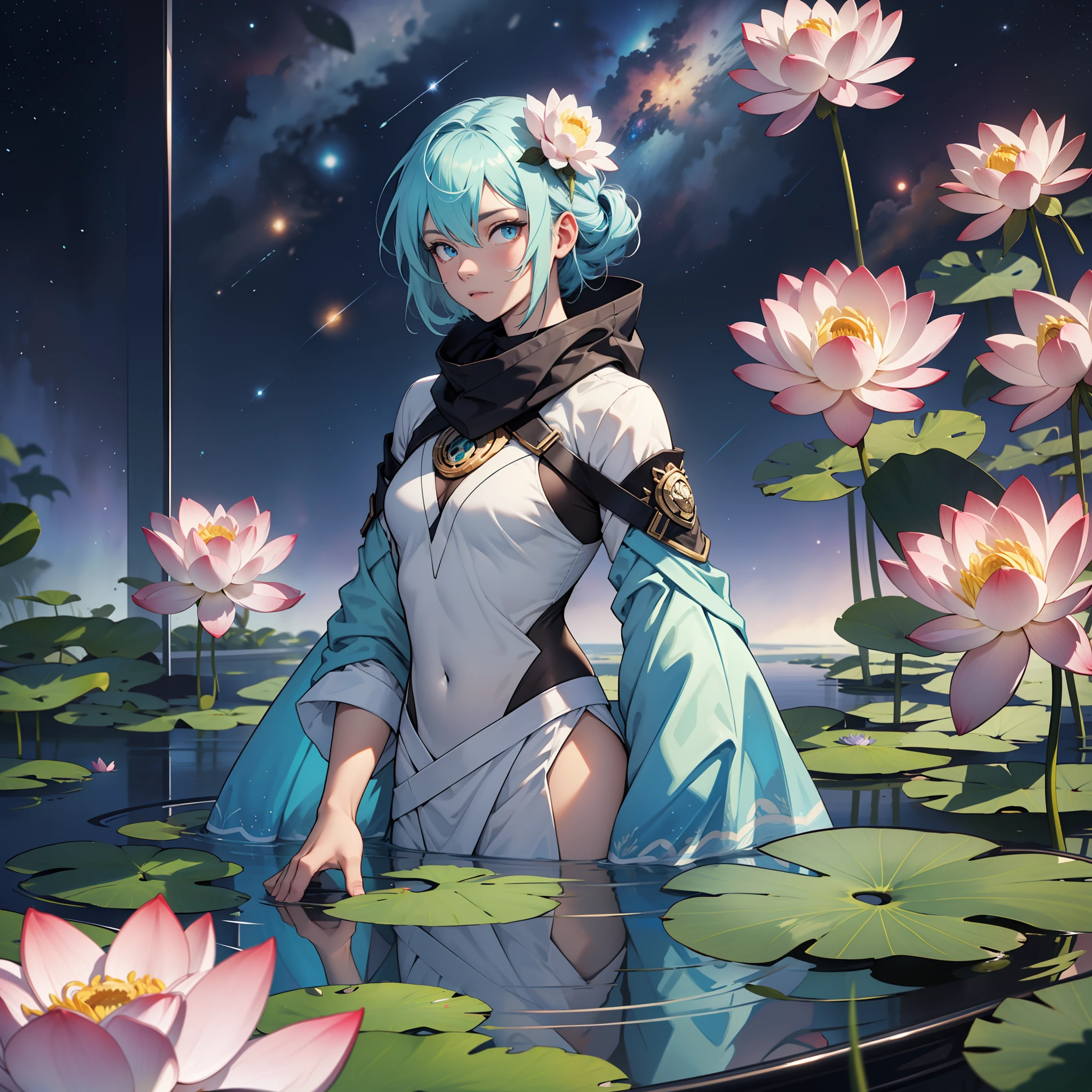 One guy，Drift in space，Wear transparent foam clothes，Holding a frozen lotus flower in his hand:，The hair is wide on a cyan background
Floating in space，Freedom of perspective，The shooting angle is very dynamic，Full of unknowns:1.2。The lotus flower is the theme point，Need to maintain high definition（Ultra-detailed），Color needs to strike a balance between warm and cold:1.3，The lotus needs to be cold（Blue highlighted）。The characters are small，Should be the subject of the picture，But it lives up to its name，It is better to show nobility:1.2，Preferably blue eyes，Highlight the mysterious temperament，and priority :1.4。Foam clothes need to depict a sense of transparency:1.2，and soft texture:0.8。The space and galaxies outside the window should take up most of the picture，There may be a small number of near-nebulae in the foreground，Figures and lotus flowers are ornaments with high saturation of colors。