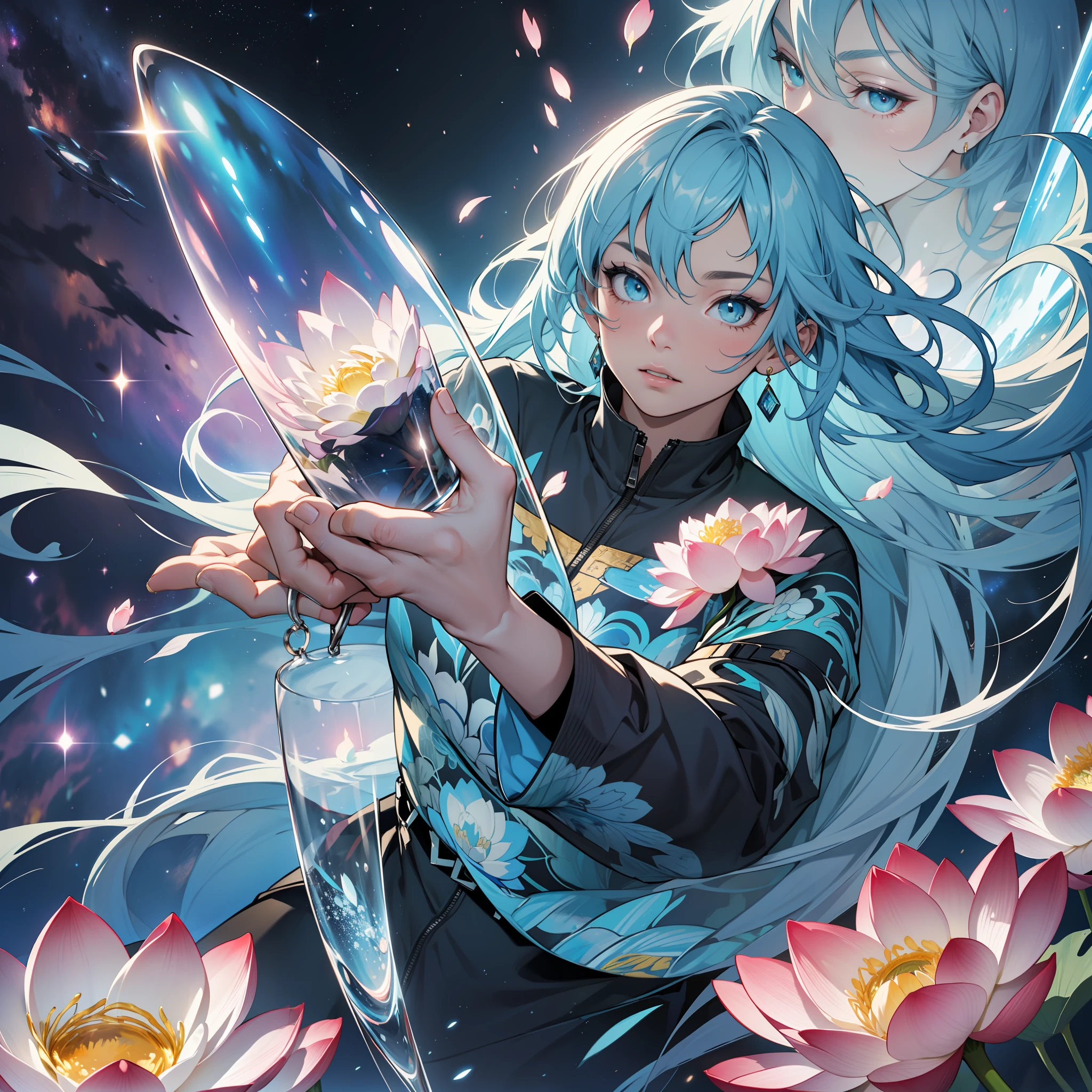 One guy,Drift in space,Wear transparent foam clothes,Holding a frozen lotus flower in his hand:,The hair is wide on a cyan background
Floating in space,Freedom of perspective,The shooting angle is very dynamic,Full of unknowns:1.2。The lotus flower is the theme point,Need to maintain high definition(Ultra-detailed),Color needs to strike a balance between warm and cold:1.3,The lotus needs to be cold(Blue highlighted)。The characters are small,Should be the subject of the picture,But it lives up to its name,It is better to show nobility:1.2,Preferably blue eyes,Highlight the mysterious temperament,and priority :1.4。Foam clothes need to depict a sense of transparency:1.2,and soft texture:0.8。The space and galaxies outside the window should take up most of the picture,There may be a small number of near-nebulae in the foreground,Figures and lotus flowers are ornaments with high saturation of colors。