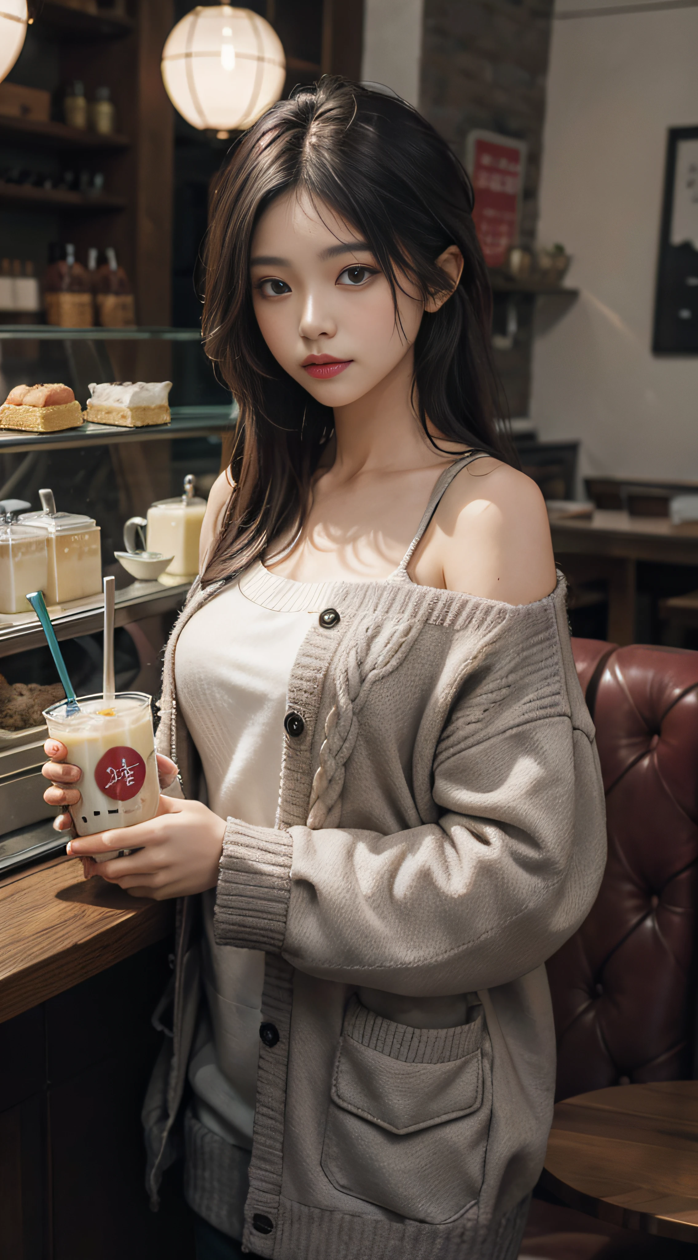 Lambskin，Gray sweater，Burgundy leather coat，Extra-long hair，Exposed shoulder，Milk tea shop