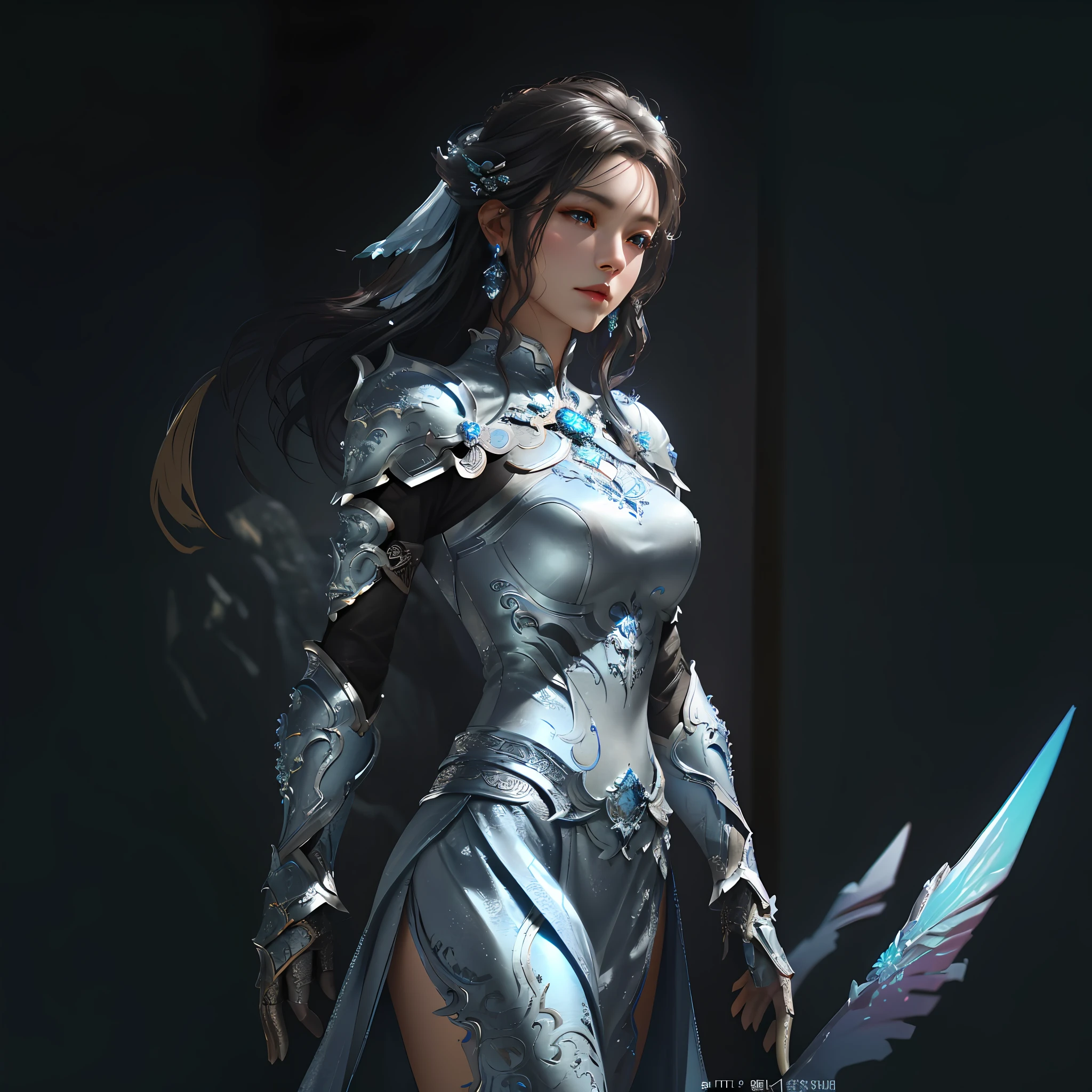 Full body close-up of a woman in a silver dress, chengwei pan on artstation, Beautiful armor, Stunning armor, Stunning character art, epic exquisite  character art, 3 D rendering character art 8 K, hyper-detailed fantasy character, pale blue armor, detailed fantasy art, cgsociety and fenghua zhong, beautiful female knight, 4 K detail fantasy