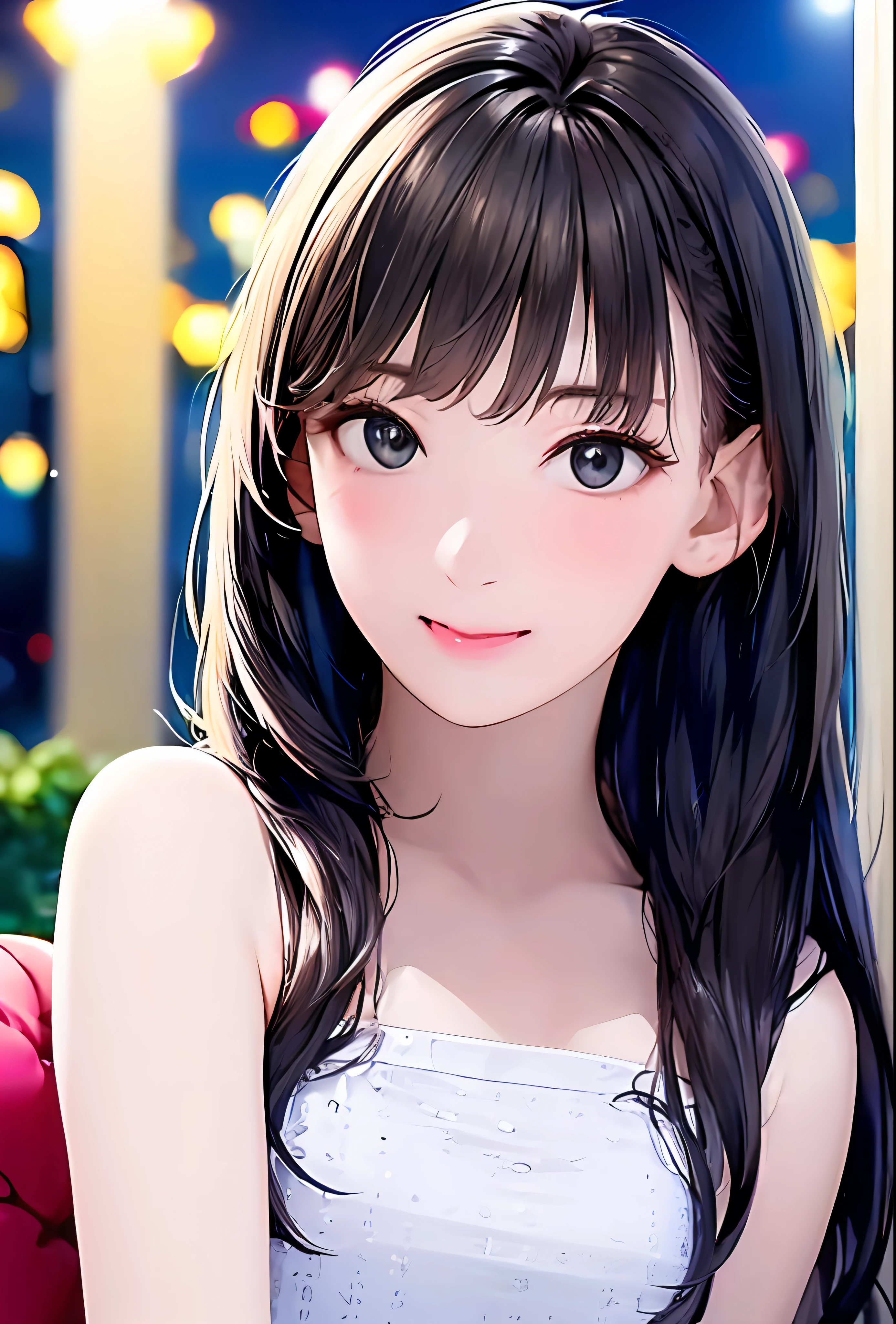 (in 8K、top-quality、masterpiece:1.2)、(realisitic、Photorealsitic:1.37)、高精細CG統合8K壁紙、(HQ Skin:1.8、shiny skins)、8KUHD、Digital SLR、Soft lighting、hightquality、Film grain、富士XT3(Professional Writing:1.6)、ultra-detailliert、女の子 1 人、cute little、独奏、mid night、Beautiful detailed sky、Detailed Cafe、sitting on、date、(Nasal blush)、 (smile1.15)、(Keep your mouth shut)small tits、beautiful tbig eyes、Floating Hair NovaFrogStyle、
