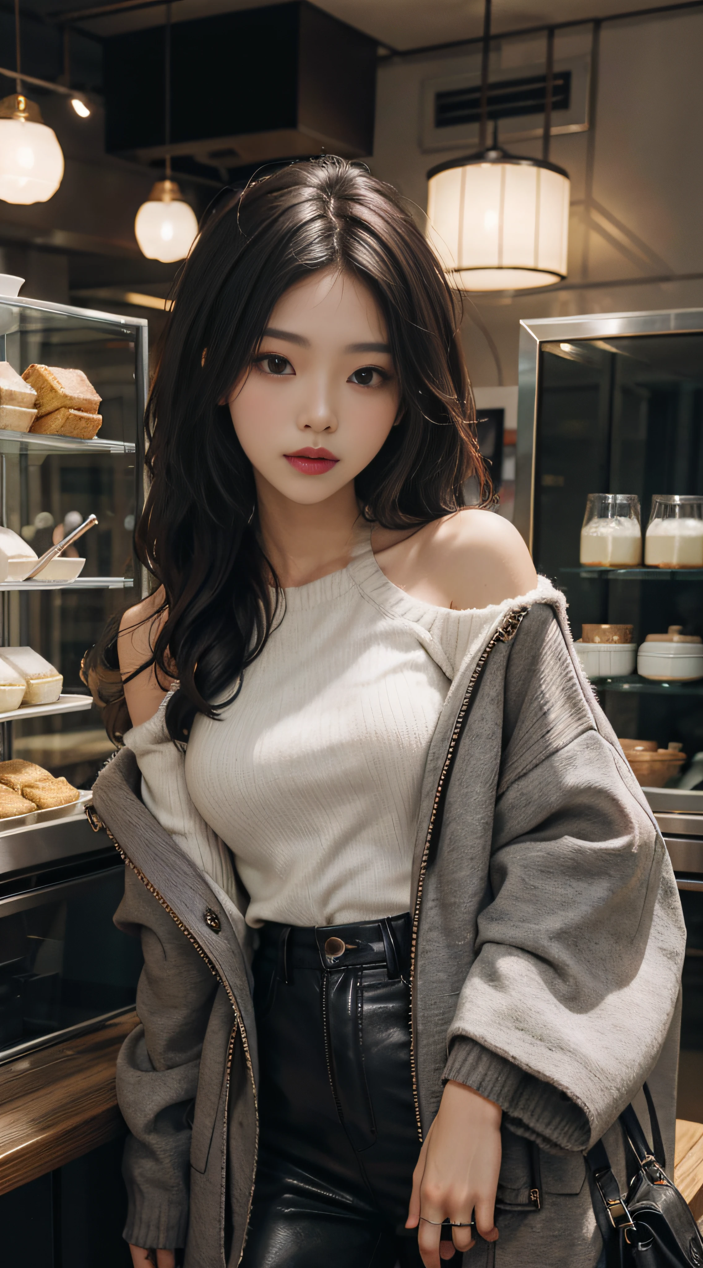 Lambskin,Gray sweater,Burgundy leather coat,Extra-long hair,Exposed shoulder,Milk tea shop