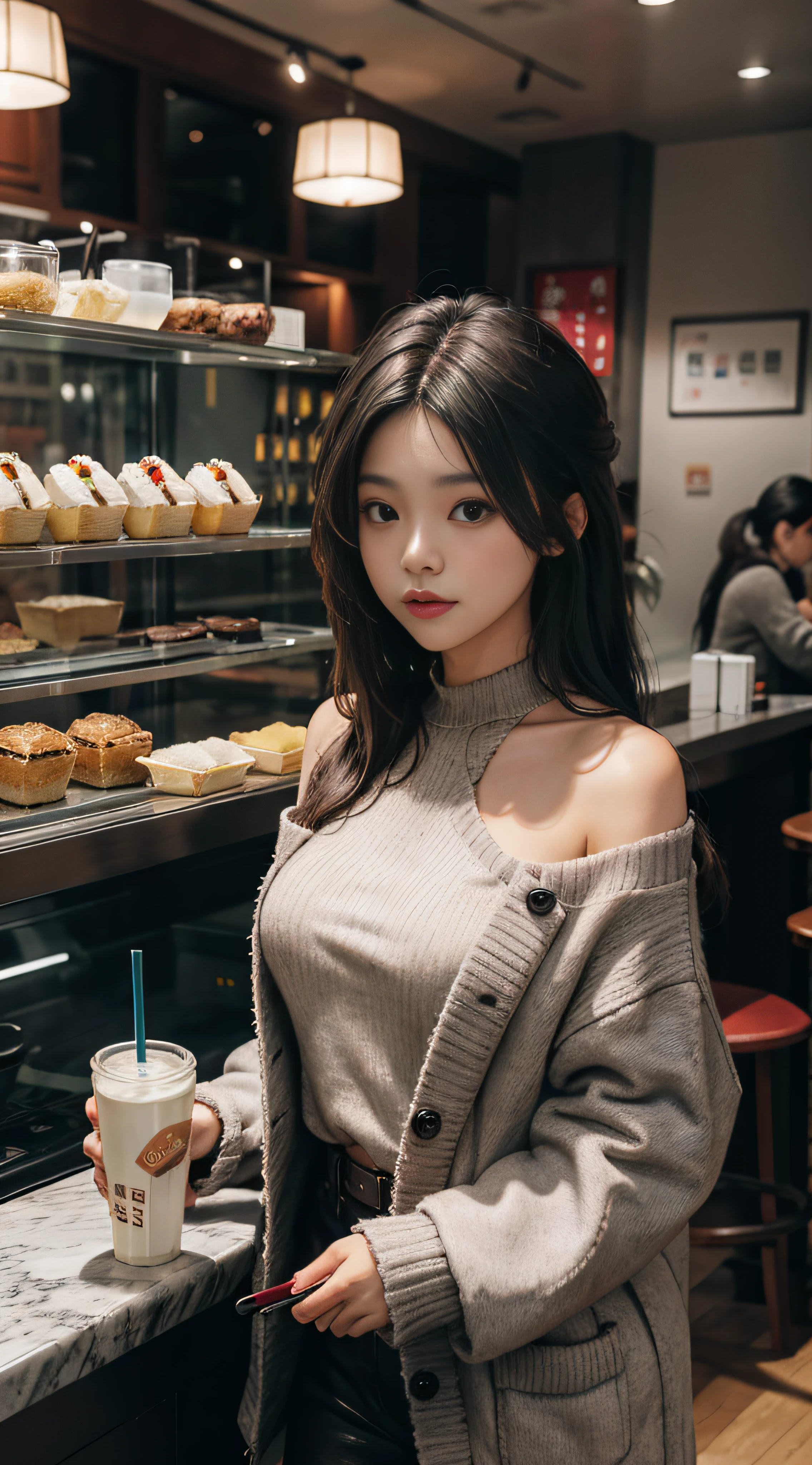 Lambskin,Gray sweater,Burgundy leather coat,Extra-long hair,Exposed shoulder,Milk tea shop