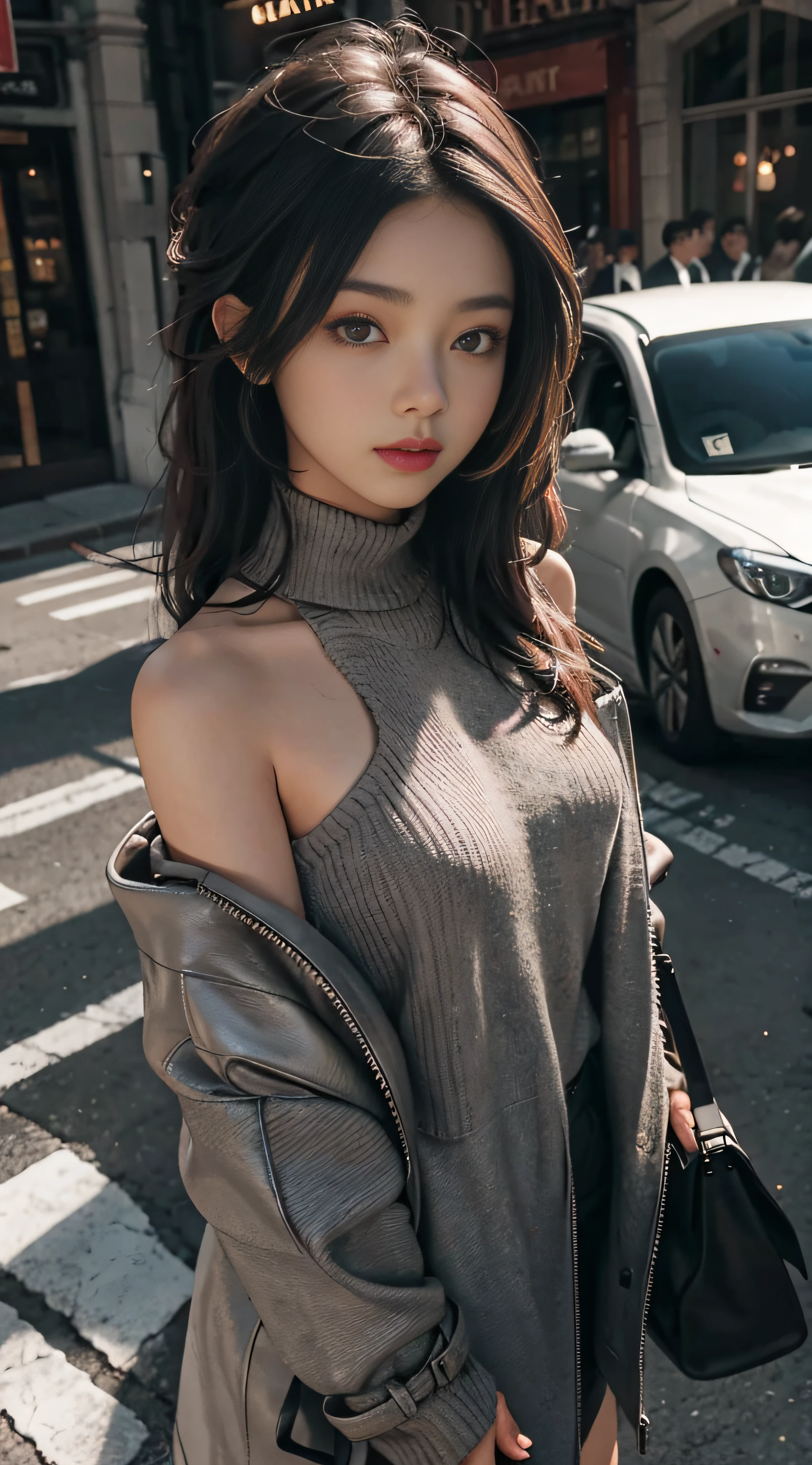 Lambskin,Gray sweater,Burgundy leather coat,Extra-long hair,Exposed shoulder,al fresco