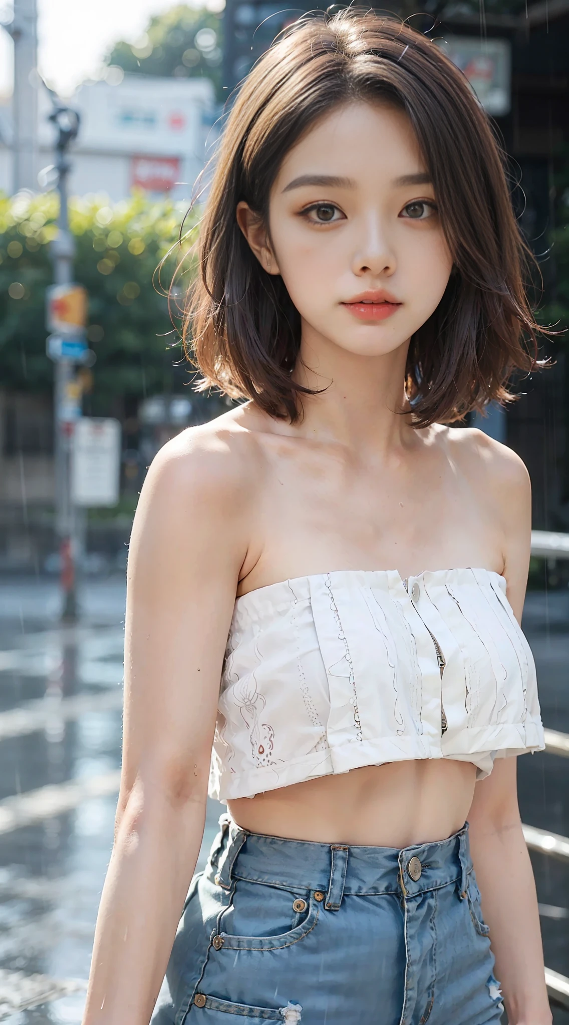 ((best qualtiy, 8K, tmasterpiece:1.3)), Focus:1.2, perfect figure beautiful woman:1.4, ((Cut hair in layers:1.2)), , (rain, street:1.3), Black bandeau:1.1, Highly detailed facial and skin texture, A detailed eye, 二重まぶた，Whiten skin，Shoulder-length hair,(with a round face:1.5)，brunette color hair，Messy hair，Abs vest line