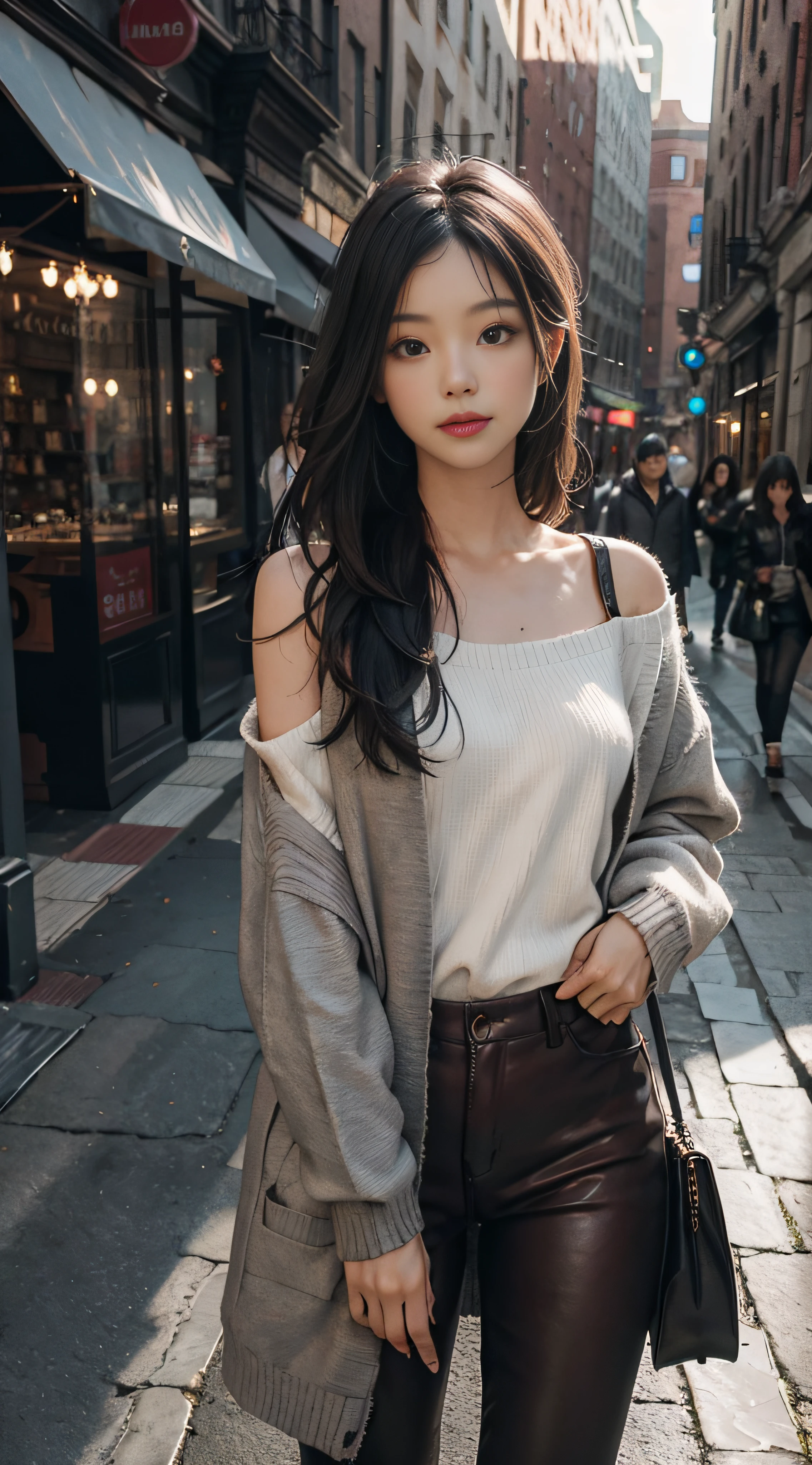 Lambskin,Gray sweater,Burgundy leather coat,Extra-long hair,Exposed shoulder,al fresco