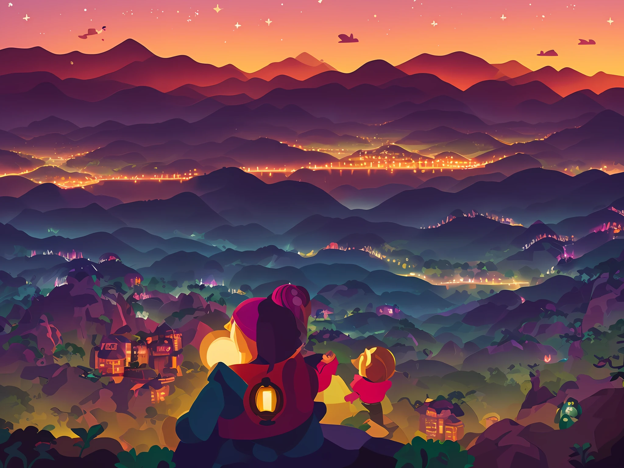 The lights are always bright under the stars，Distant mountains and homeland，Epic megacities tower over the wilderness，Beautiful and small girls await the return of the lost