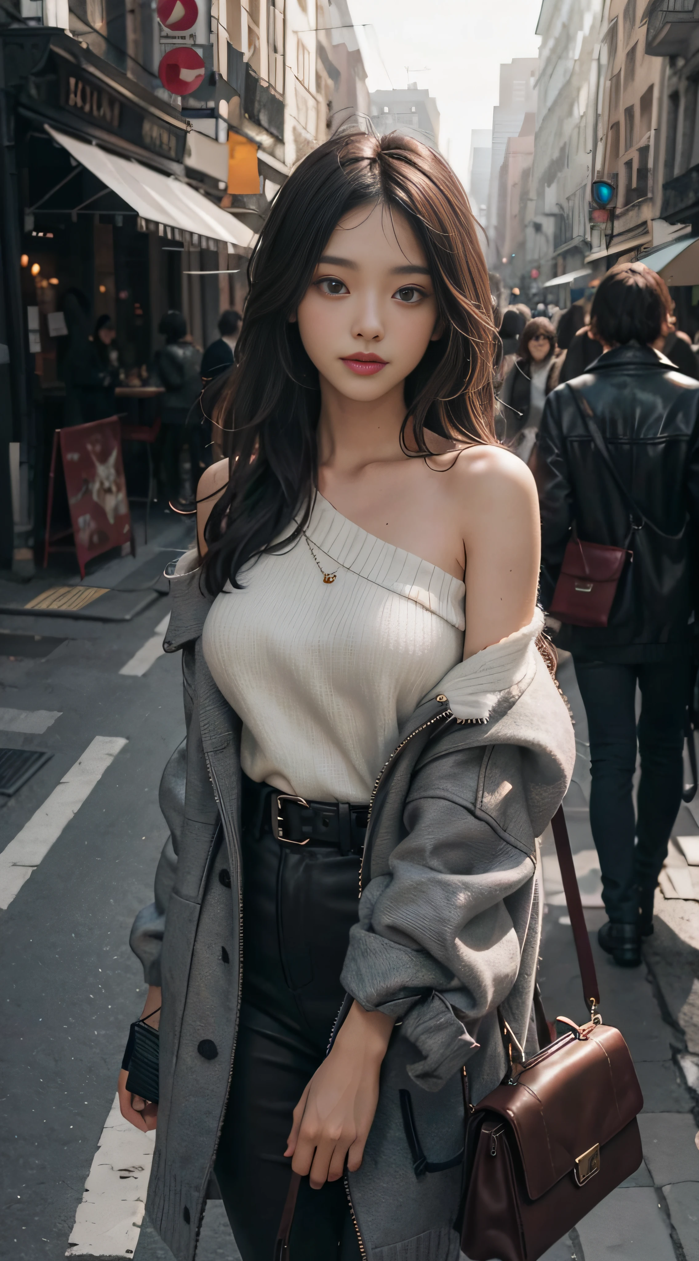Lambskin,Gray sweater,Burgundy leather coat,Extra-long hair,Exposed shoulder,al fresco