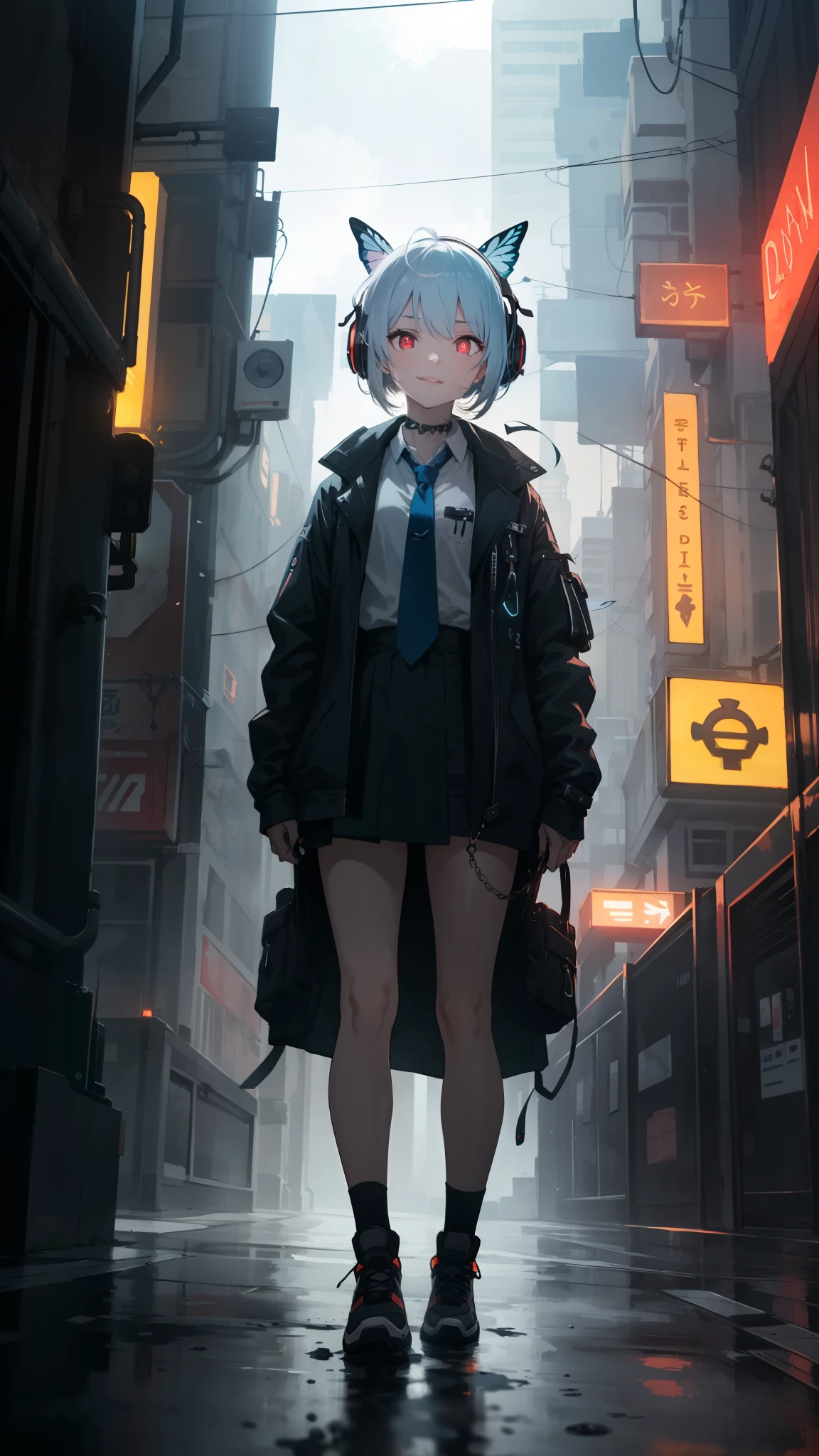 chromatic aberration, depth of field, soft light, masterpiece, best quality, intricate, tone mapping, highly detailed, artstation, concept art, smooth, sharp focus, dramatic lighting, highly detailed artwork, film, hyper realistic painting, artstation on trending, 8K, incredible shadows, realistic, (highly detailed background: 1.0), a very detailed portrait of a single girl standing on a street corner, in a thunderstorm and cloudy sky, neon lights and cyberpunk In the background she is wearing a punk outfit with silver chains and silver spikes, a butterfly wing barrette in her wild hair, she is wearing headphones and a tie, petite, detailed glowing red eyes with distinct pupils, ominous halo, smile, punk, cyberpunk, backlighting