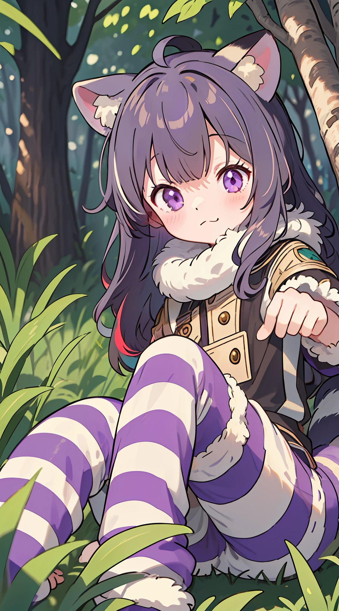 (multicolored and fluffy animal ears+striped fluffy tail:1.3),adorable raccoon girl,brown hair,fur texture,cute pose,greenery,forest,depth of field,(best shadow:1.2+best illumination:1.2),purple eyes.