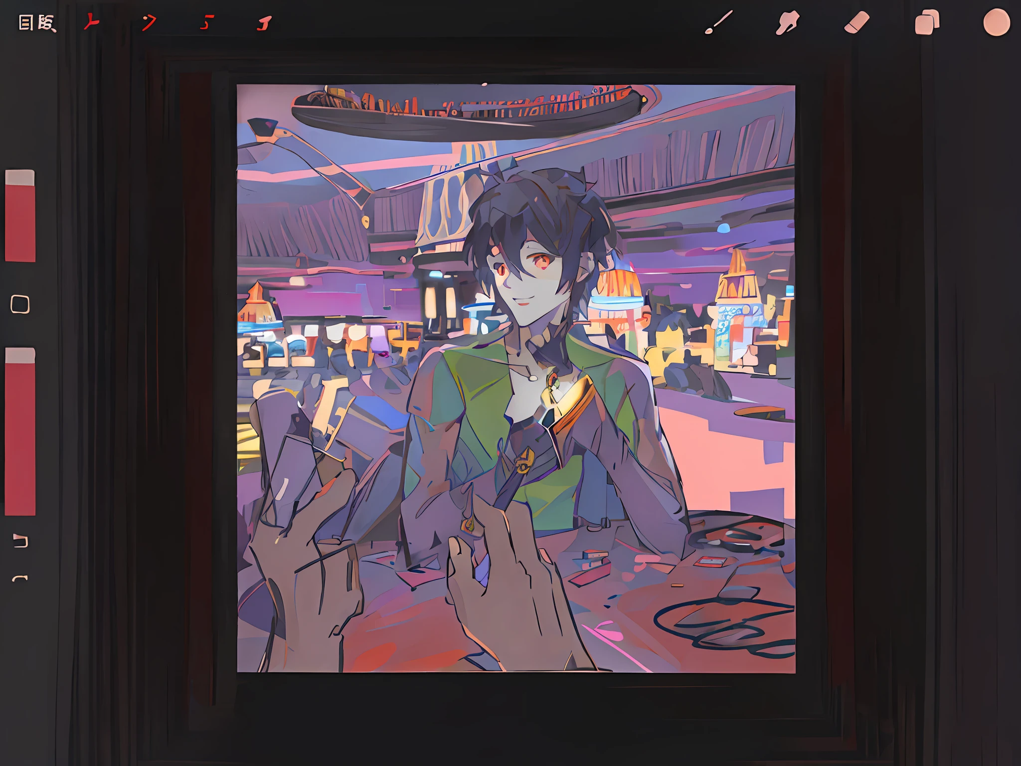 male people,short detailed hair,Super handsome face,Super detailed face,Red eyes,Handsome,green-shirt,Wearing a purple suit,Black color hair,red color eyes,ssmile,sitted。Background with:casino,Card tables。Close-up cinematic lighting, Sideslit, 超高分辨率, Best shadow, primitive, The upper part of the body。foreground:Take the card,,Anime characters holding swords,Wearing a smoking green cape and black hair, Key anime art, illustratio, key visual, Detailed key anime art, Artistically, offcial art, artwork of a, anime key visual”,art-style, anime key art, handsome guy in demon killer art, Dōjin works, high detailed official artwork,