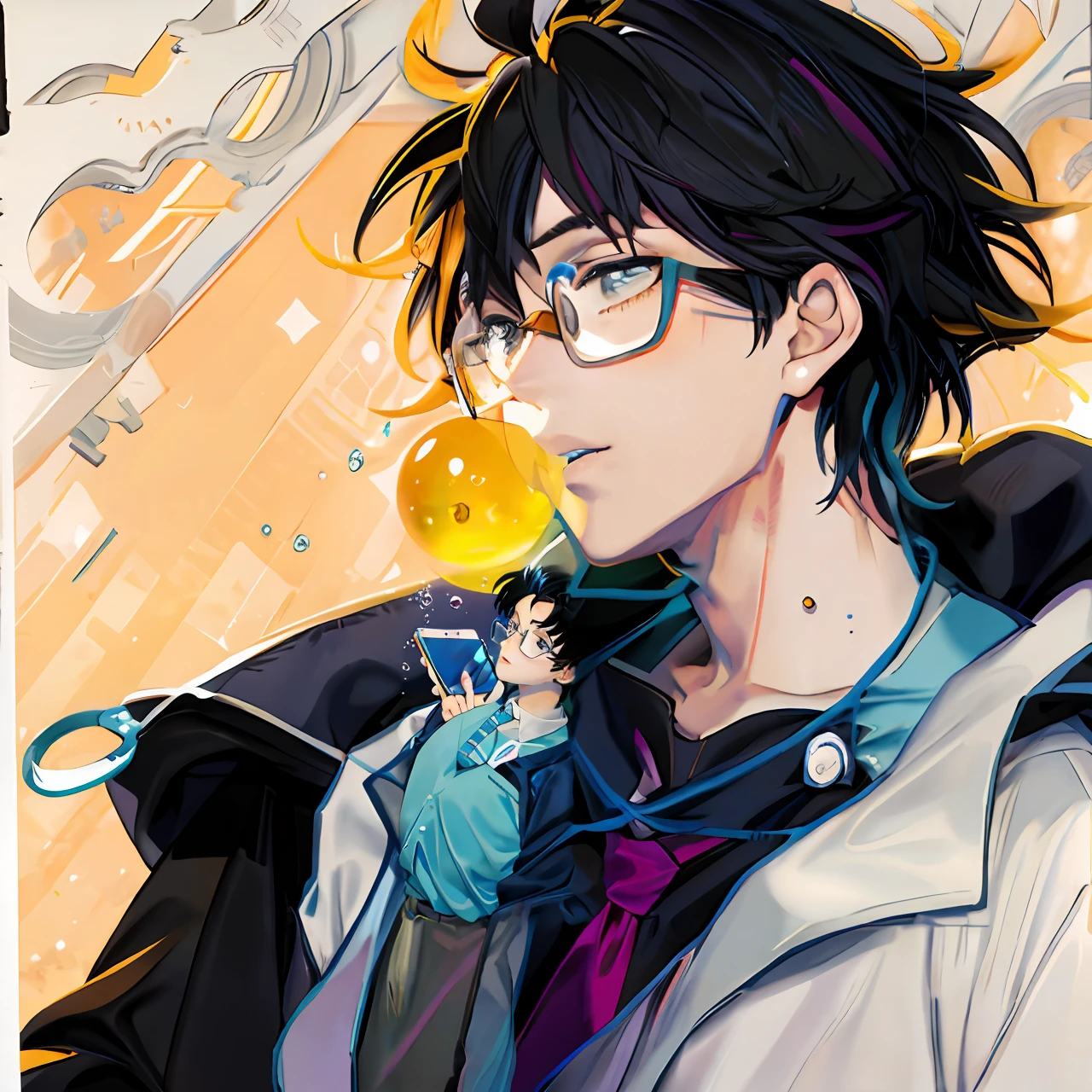 Anime, a man with glasses and a tie is holding a cell phone, inspired by Okumura Togyu, manga style of kentaro miura, Tsutomu Nihei style, inspired by Yumihiko Amano, kentaro miura manga art style, !!Wearing glasses!!, kentaro miura manga style, inspired by Yamagata Hiro，There are transparent bubbles around the mouth，without hands