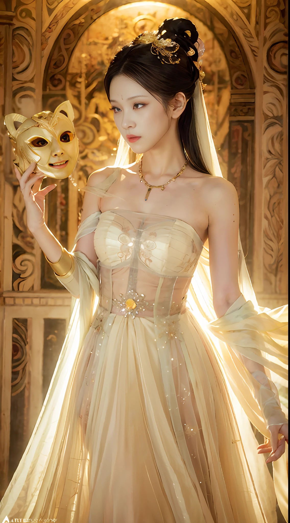beautiful ethereal maiden in a ivory masquerade mask intricate ornate fractal-lace and gemstones, wearing stunning ivory dress, ivory gold iridescent, full view, soft lighting, vivid, Hyperdetailed, 4k hd matte painting by Artgerm, Greg Rutkowski, Klimt, James Jean, 8k resolution, enchanting and otherworldly, Artstation, CGsociety, detailed, front view