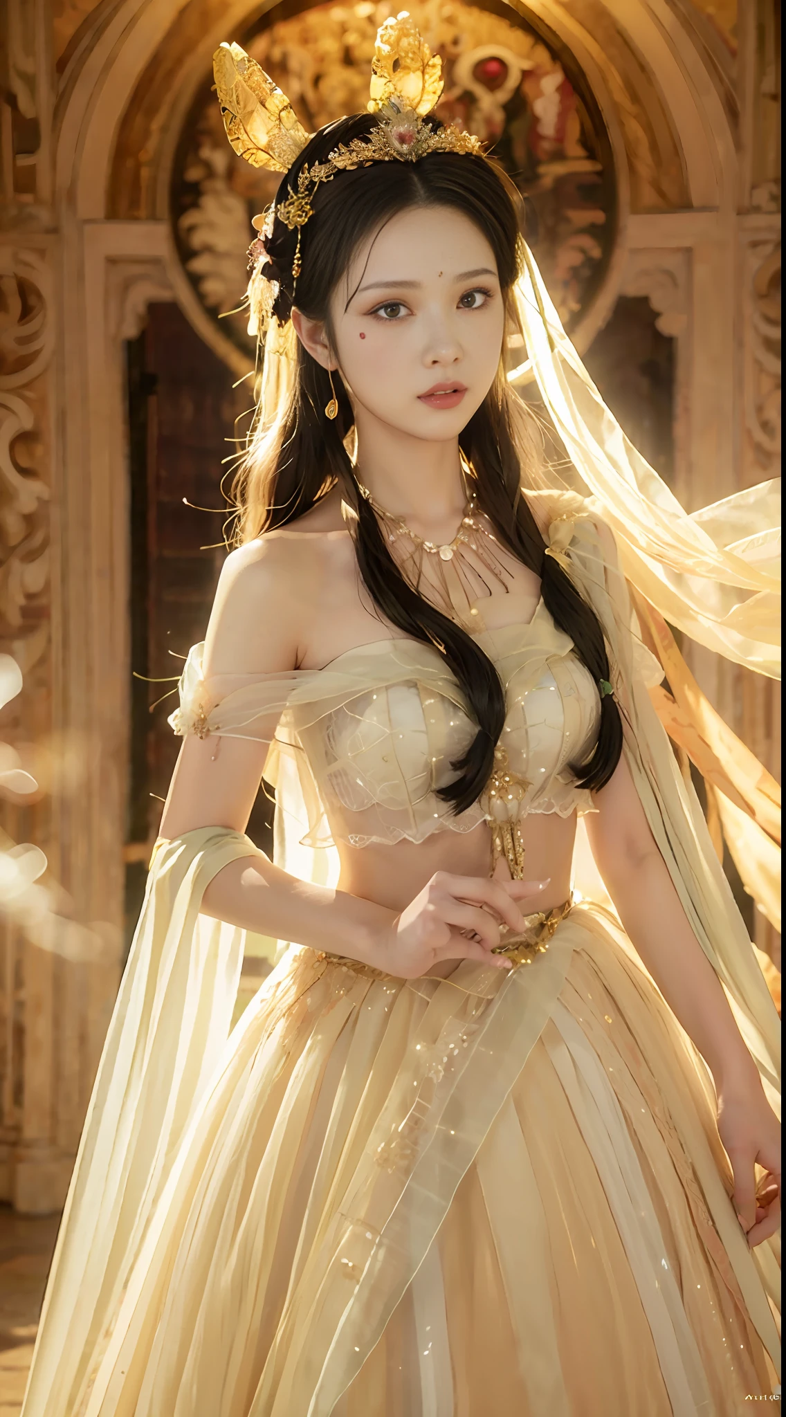 beautiful ethereal maiden in a ivory masquerade mask intricate ornate fractal-lace and gemstones, wearing stunning ivory dress, ivory gold iridescent, full view, soft lighting, vivid, Hyperdetailed, 4k hd matte painting by Artgerm, Greg Rutkowski, Klimt, James Jean, 8k resolution, enchanting and otherworldly, Artstation, CGsociety, detailed, front view