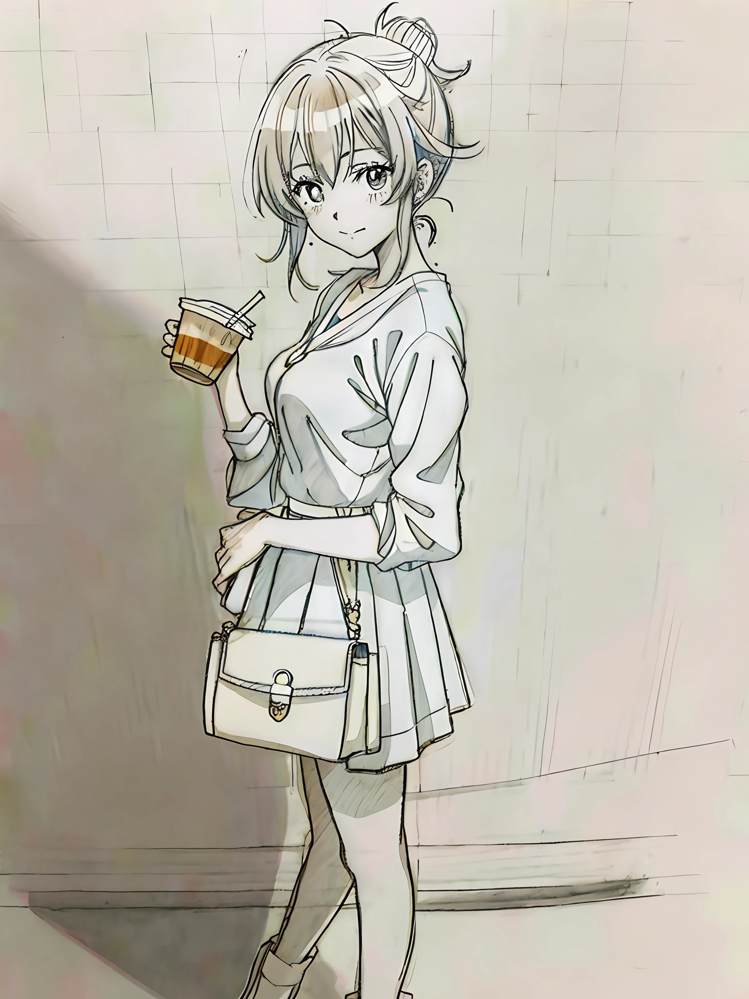 Draw a girl with a purse and milk tea, an anime drawing, An anime girl, Kizi, Casual pose, sketched, Anime girl, inspired by Yuki Ogura, anime shading, up of young anime girl, anime shading), anime style drawing, Girl standing, full body portrait of a short!scantily clad