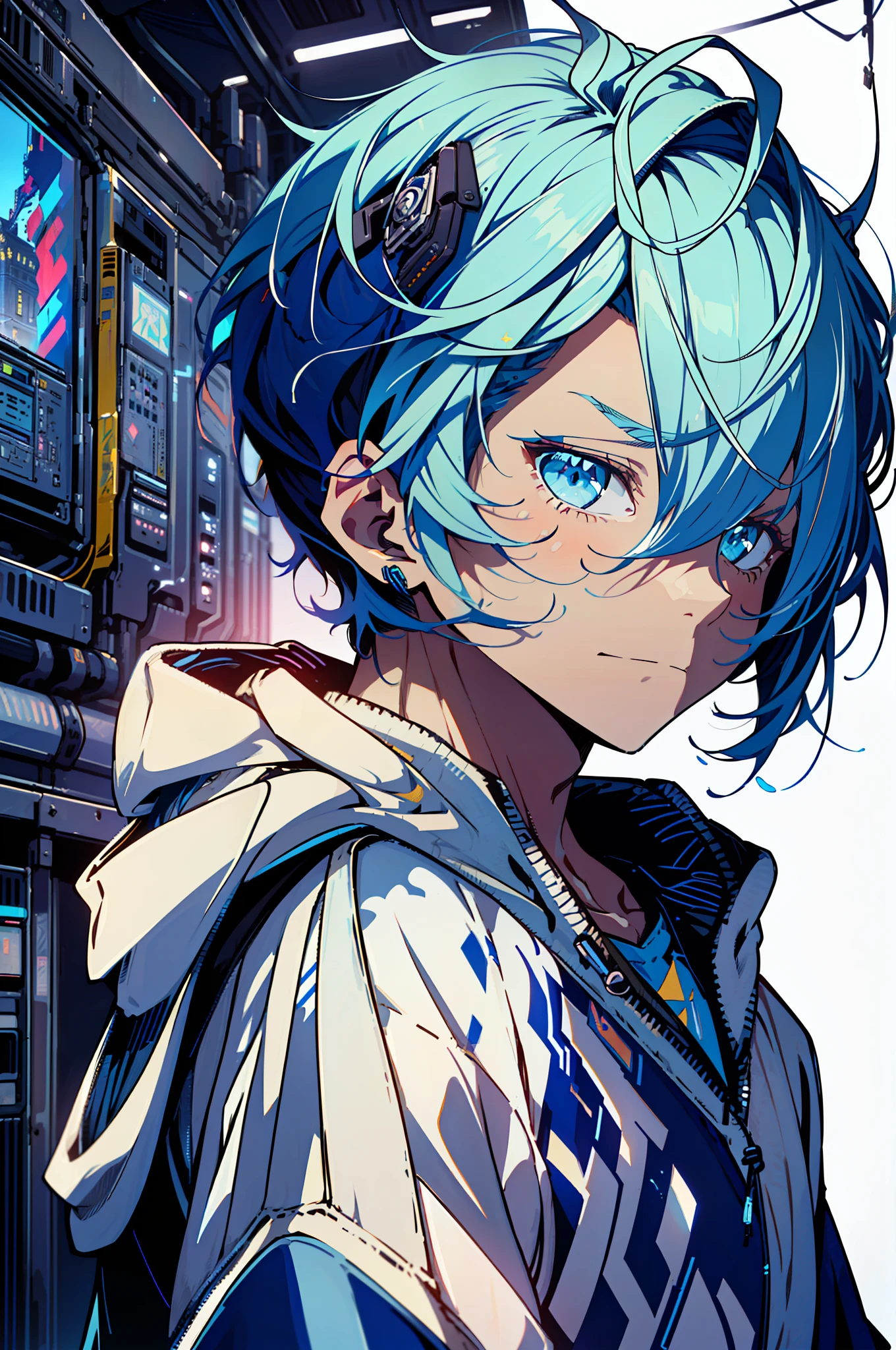 Cyberpunk male,white backgrounid,Clean design,art stations,Colorful paint splashes,contours,Hyper-detailed intricate details,unreal-engine,,Complicated details,splash image,complementary colours,8K分辨率,((Isolate on a white background:1.3),White-colored skin,(((A handsome young))), ((age:1.5)), (glow blue eyes), ((Eyes have light)),((((Short blue hair:1.1))), ((Bluecoat)), (prince\\(Enthusiastic expressions\\),, (((Wear a comfortable blue sweatshirt with high details)), Blue hair
