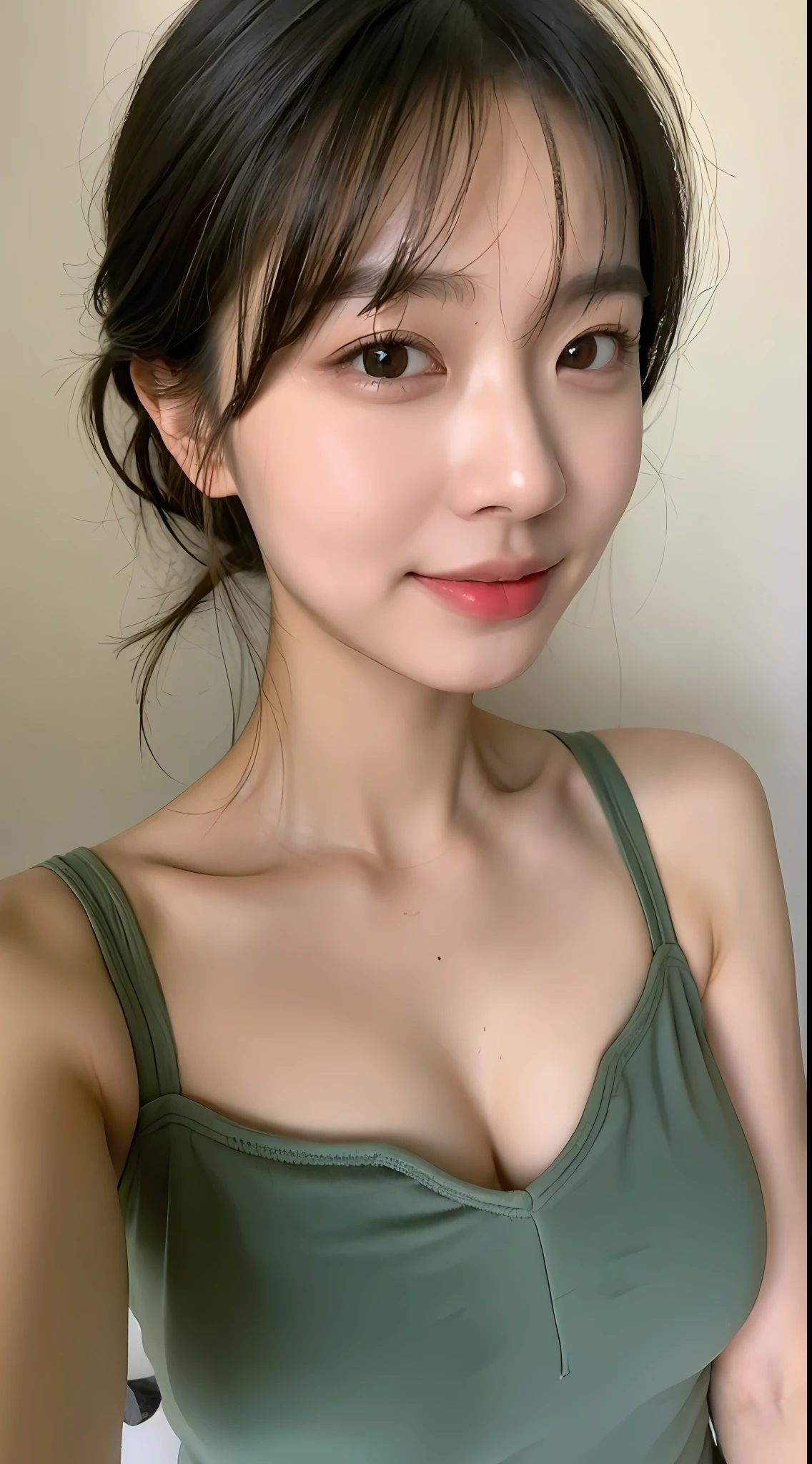 ((Best picture quality, 8K, tmasterpiece:1.3)), 1girll, perfect figure beautiful woman:1.3, (Casual hairstyle, Leaky big breasts:1.2), Bandeau,shift dresses:1.1, Ultra-fine face, A detailed eye, 二重まぶた,ssmile,pantiess,head portrait,self-shot,Skin whitening,