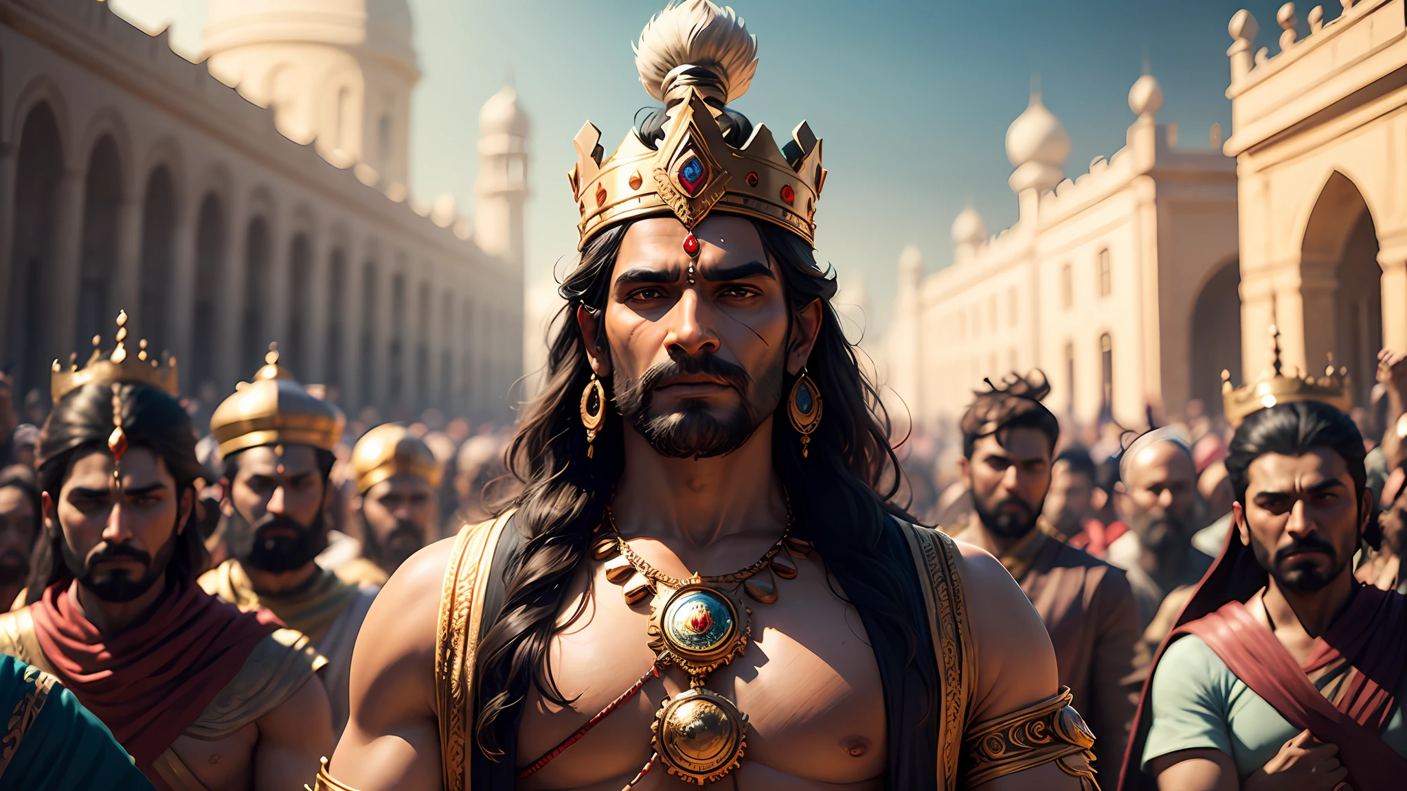 Shiva the indian god , 8k ultra realistic ,a kingdom , king show his crown in taking in hand with front of many crowd peoples , king is happy with all happy kingdom